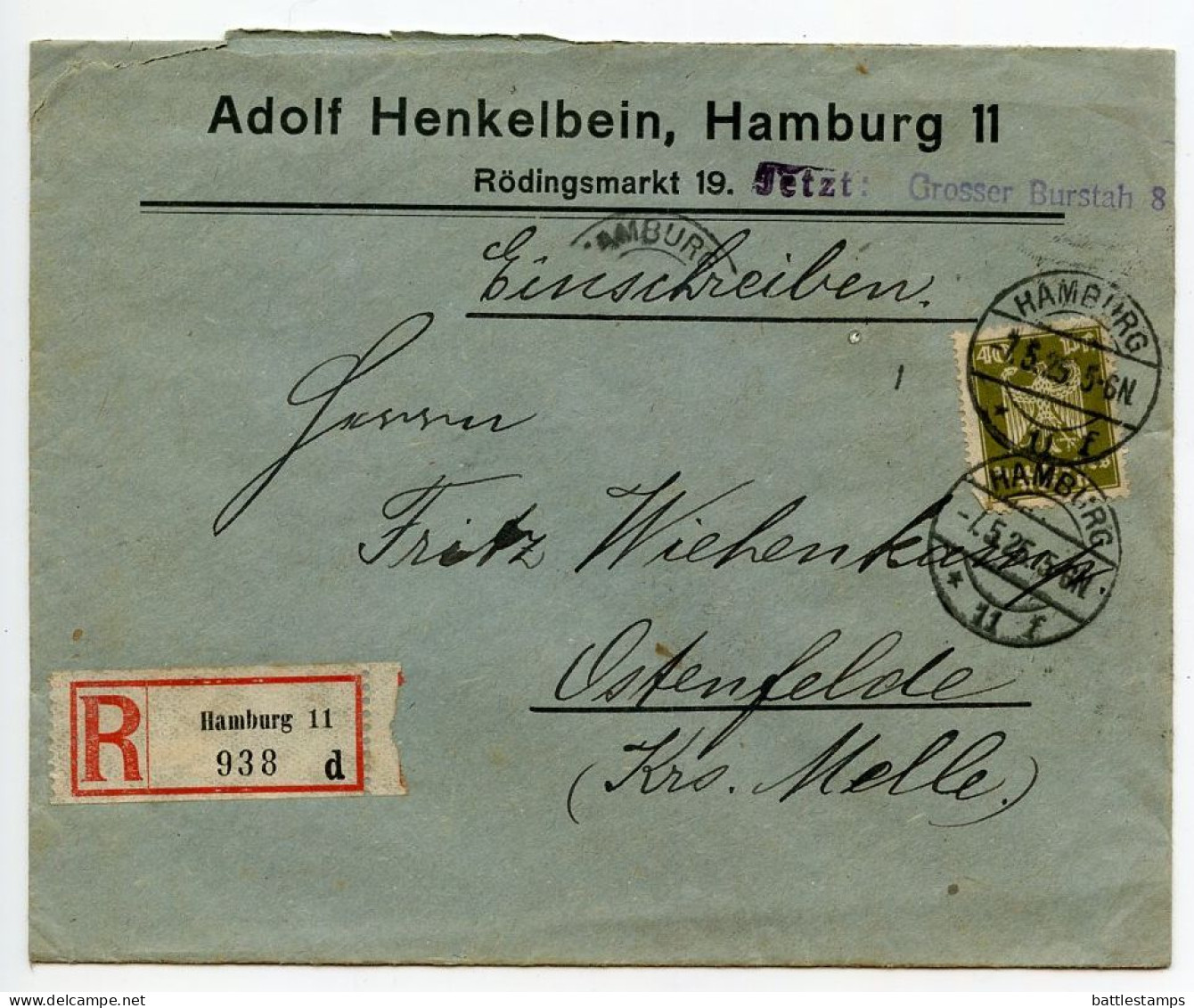 Germany 1925 Registered Cover W/ Letter; Hamburg - Adolf Henkelbein, Felle - Pelzwaren - En Gros.; 40pf. German Eagle - Covers & Documents