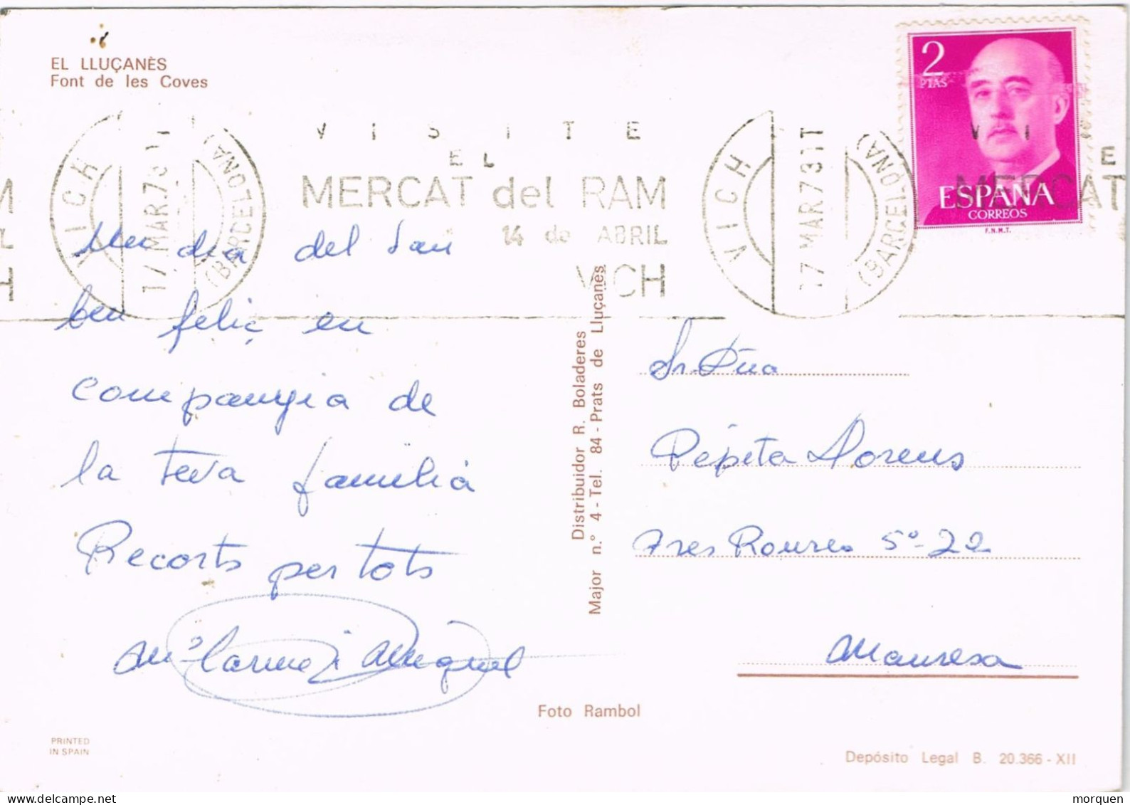 54939. Postal VICH (Barcelona) 1973. Rodillo Especial MERCAT Del RAM. Vista De Font De Les Coves De LLUÇANES - Lettres & Documents