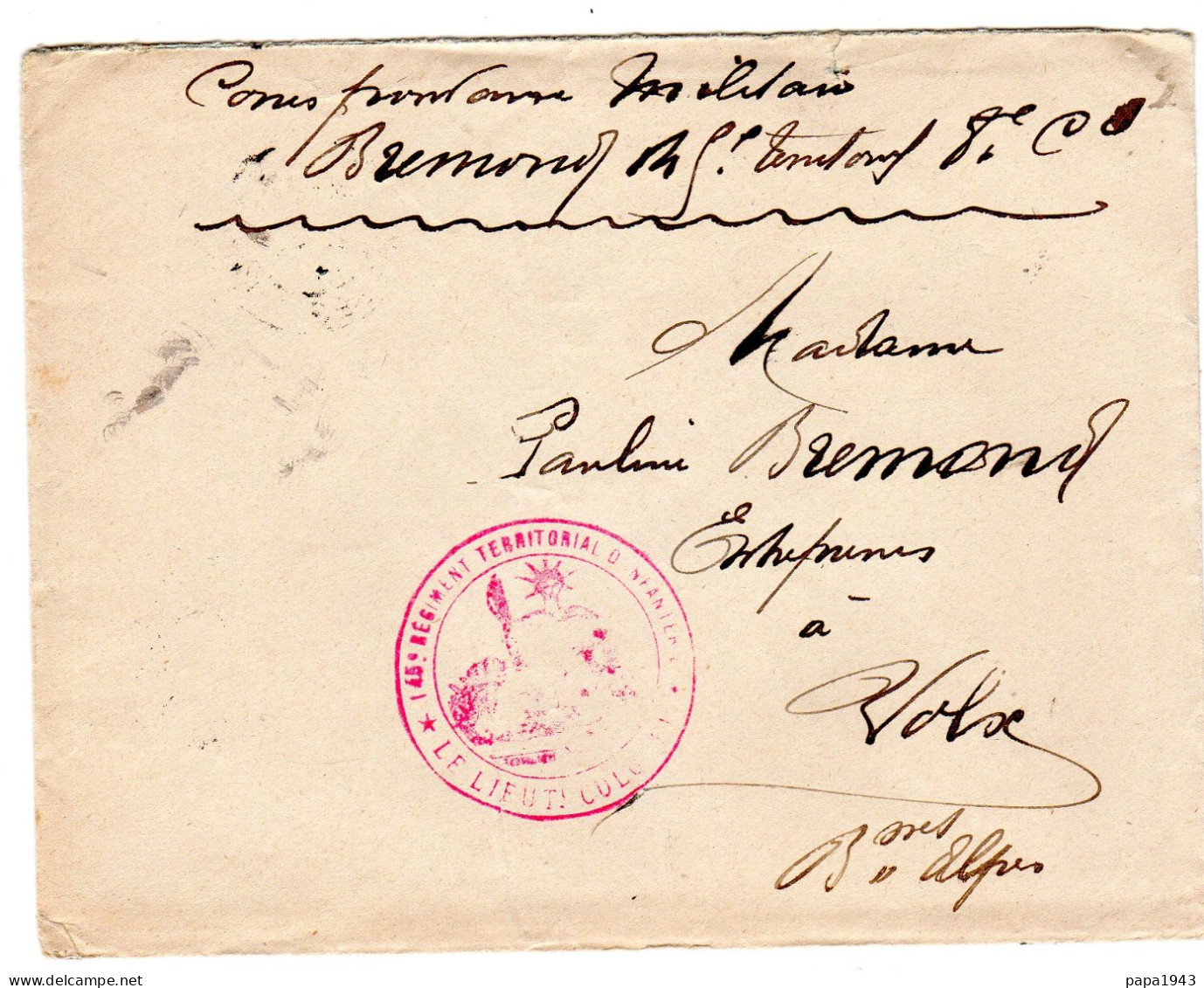 1914  Lettre F M  Cachet Rouge  45° Régiment D' Infanterie  Envoyée à VOLX 04  ( Courrier Intérieur ) - Military Postmarks From 1900 (out Of Wars Periods)