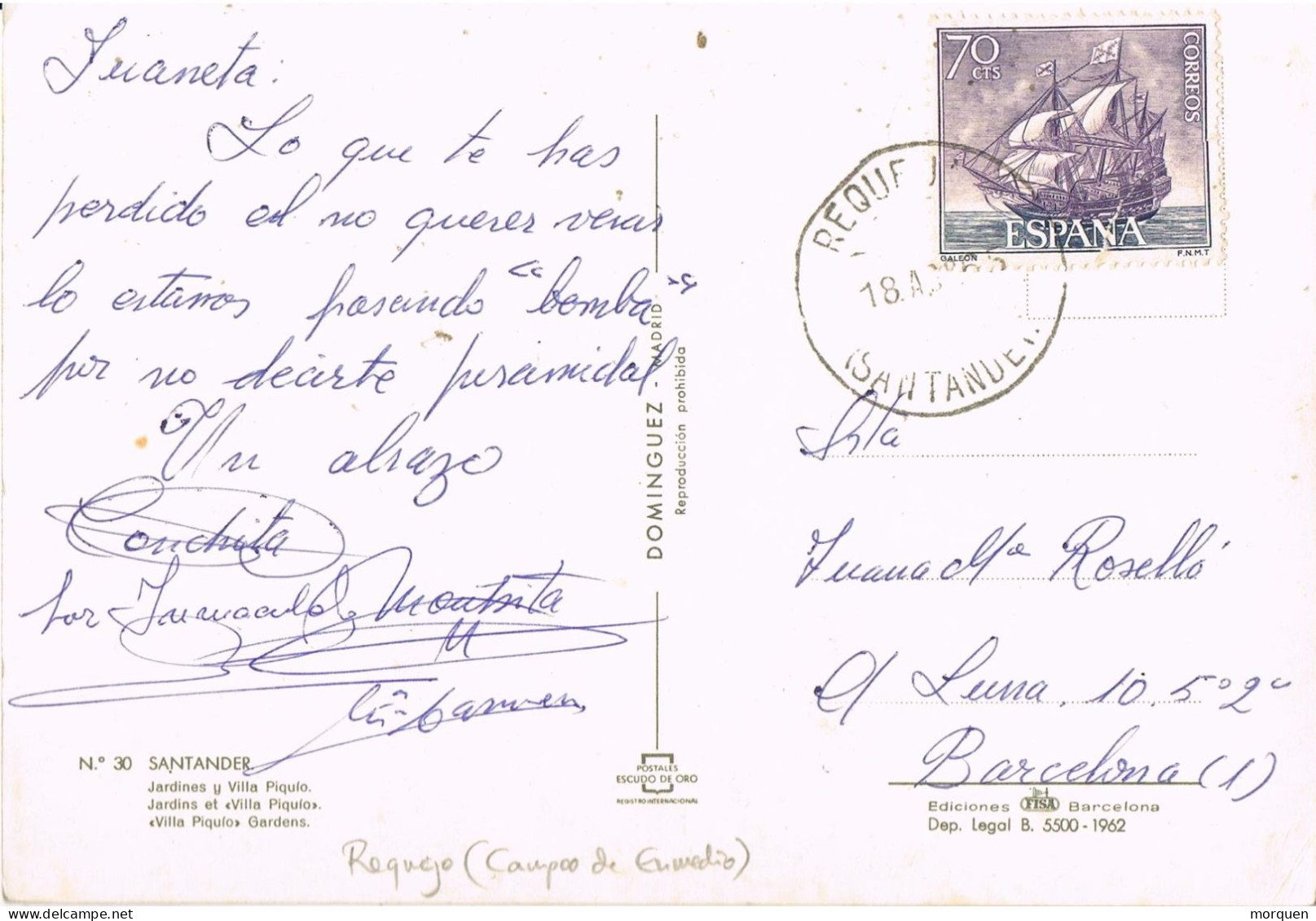 54940. Postal REQUEJO (Xampoo De Enmedio) Santander 1965. Vista Jardines Y Villa Piquio De Santander - Brieven En Documenten