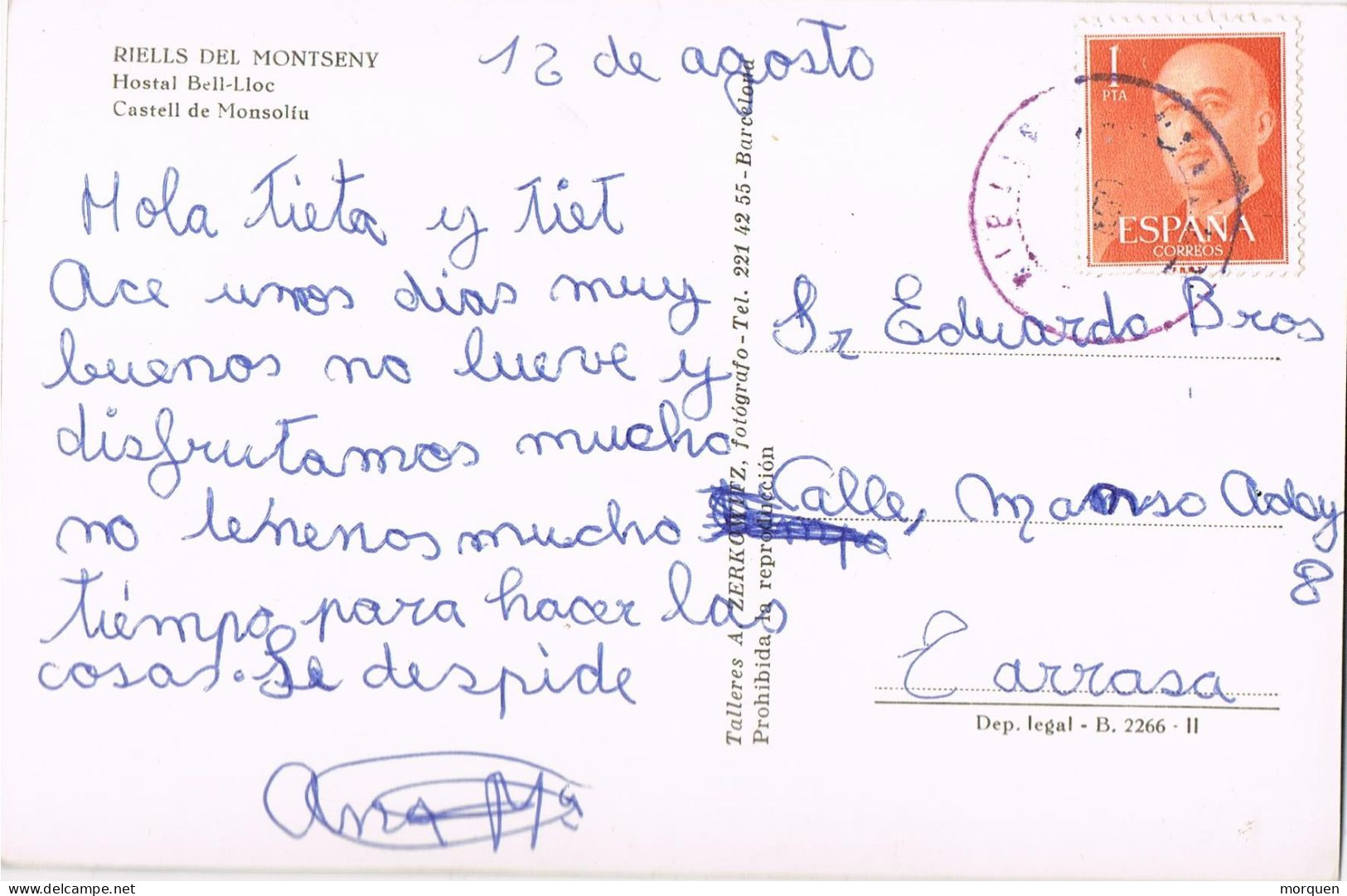 54941. Postal RIELLS (Gerona) 1967. Vista Desde Hostal Bell-Lloch Del Castell De MONSOLIU - Briefe U. Dokumente