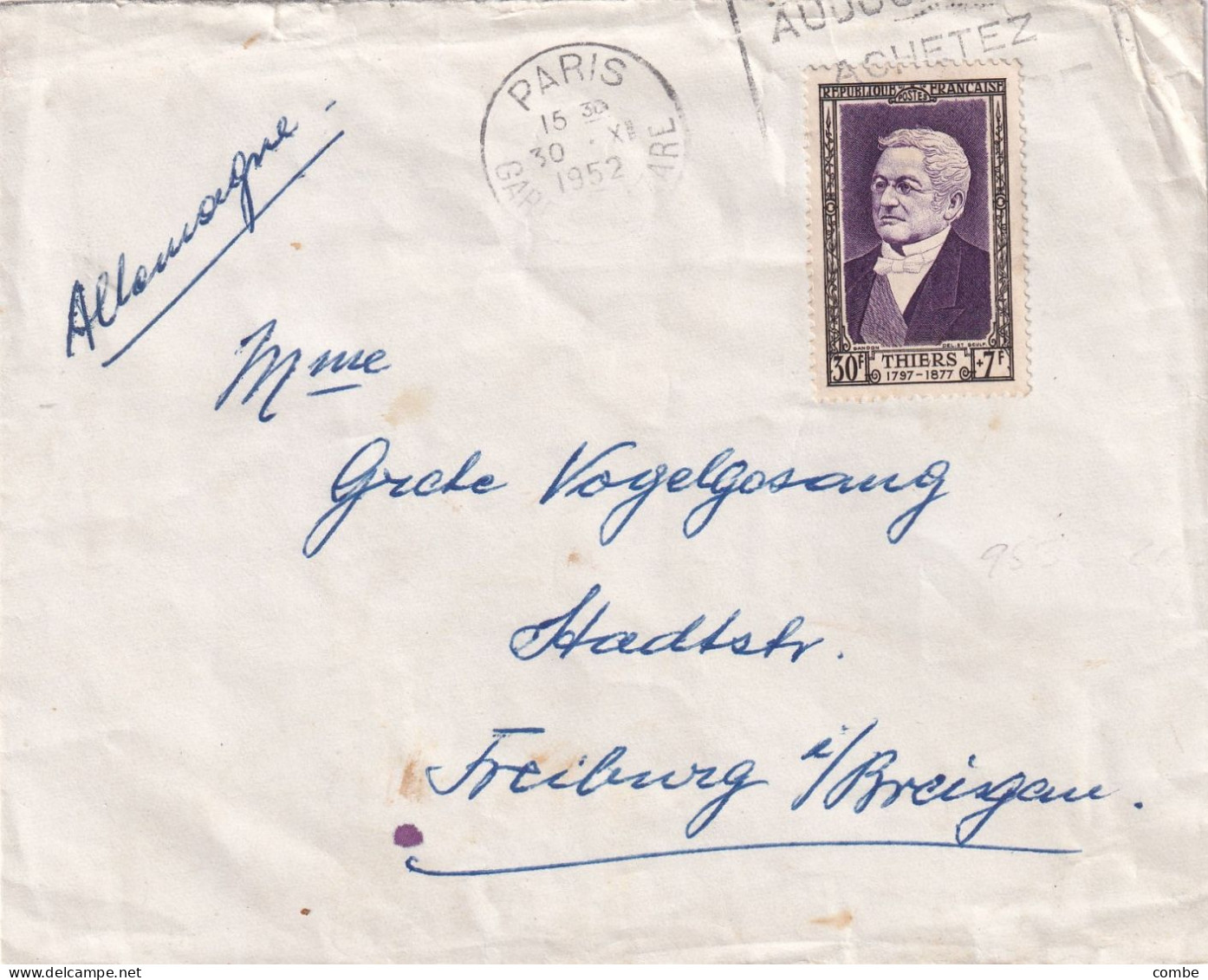 LETTRE. 30 NOV 1952. THIERS. SURTAXE N°935. SEUL. PARIS POUR ETRANGER. FREIBURG. ALLEMAGNE - 1921-1960: Modern Period