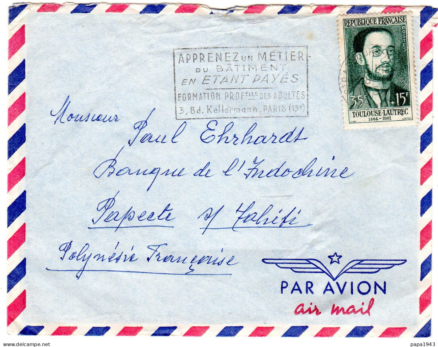 1954  Lettre Timbre TOULOUSE - LAUTREC 35f + 15f  Envoyée à PAPEETE TAHITI - Storia Postale