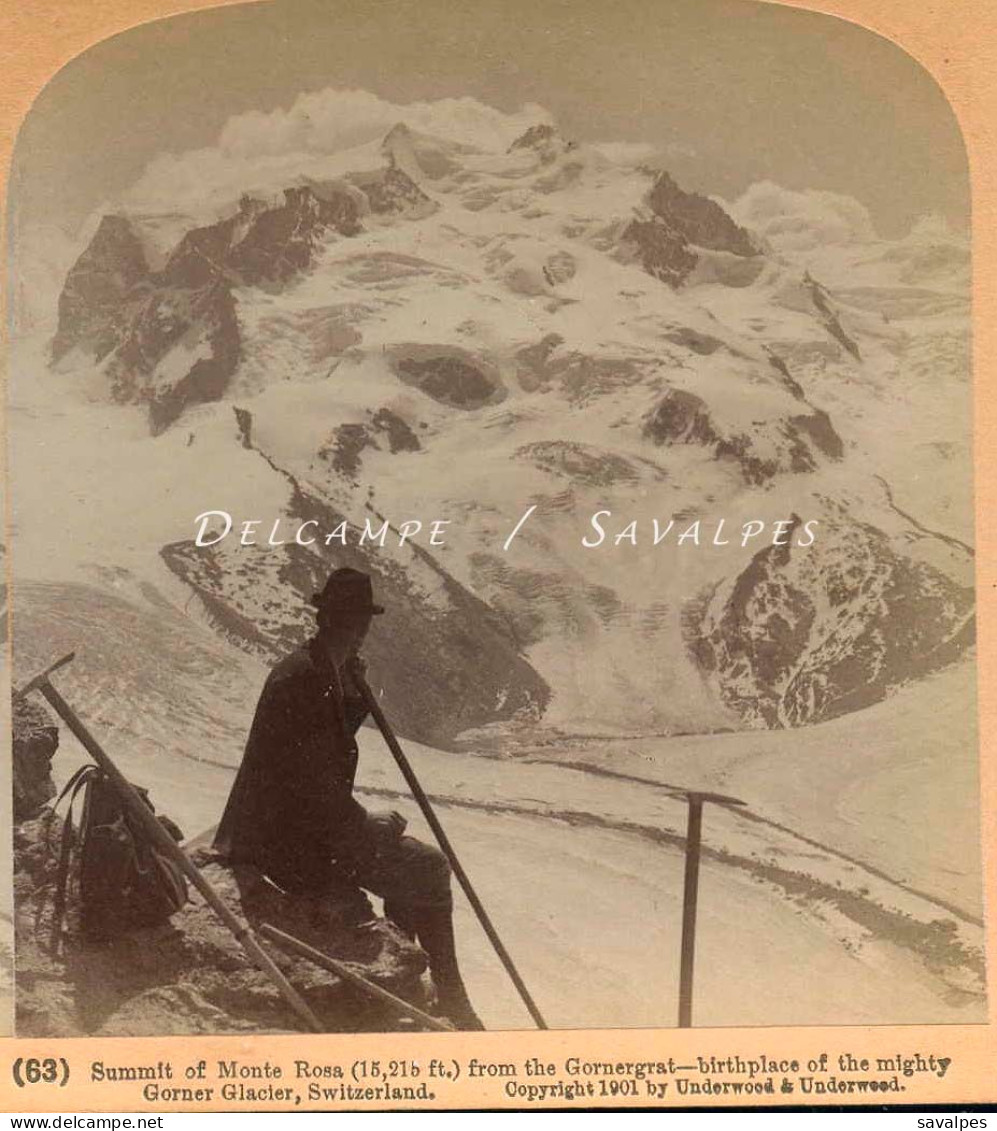 Suisse Valais Zermatt * Le Mont-Rose Vu Du Gornergrat, Glacier Du Gorner - Photo Stéréoscopique 1901 - Stereoscopio