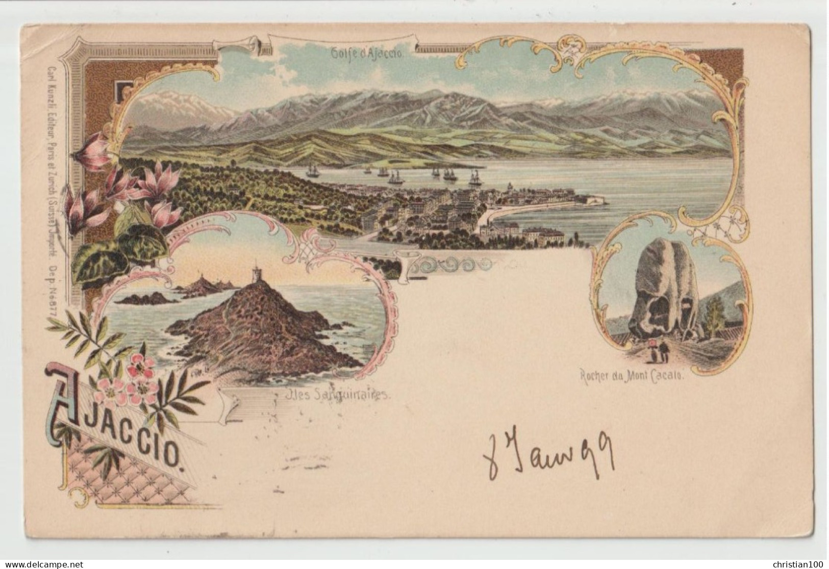 AJACCIO ( GOLFE MONT CACALO ) - CARTE PIONNIERE - LITHO - TYPE GRUSS - VOYAGEE EN 1899 - EDITION CARL KUNZLI - 2 SCANS - - Ajaccio