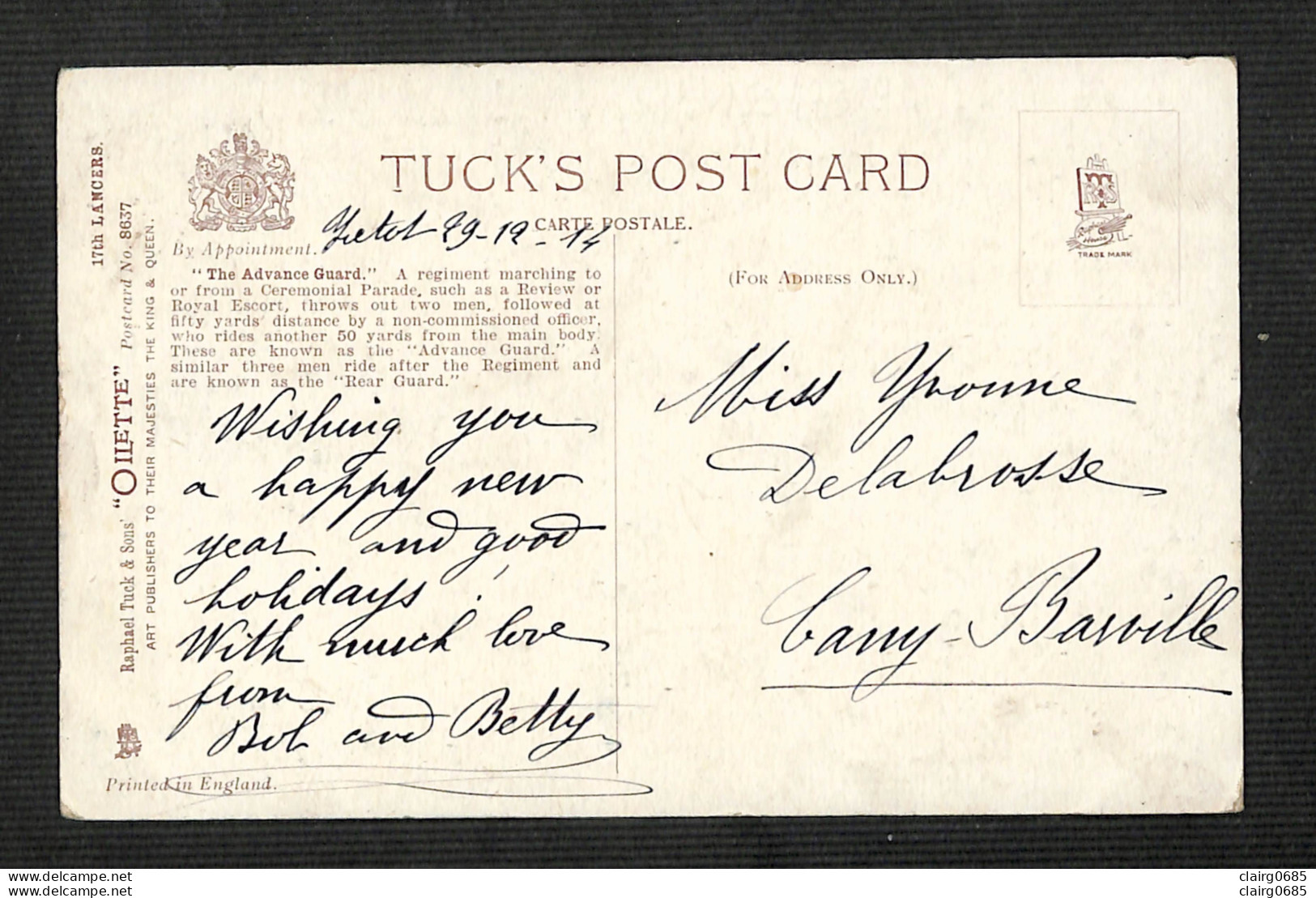 MILITARIA - 17th LANCERS - The Advance Guard - Tuck's Post Card - "Oilette" - 1914 - Regiments