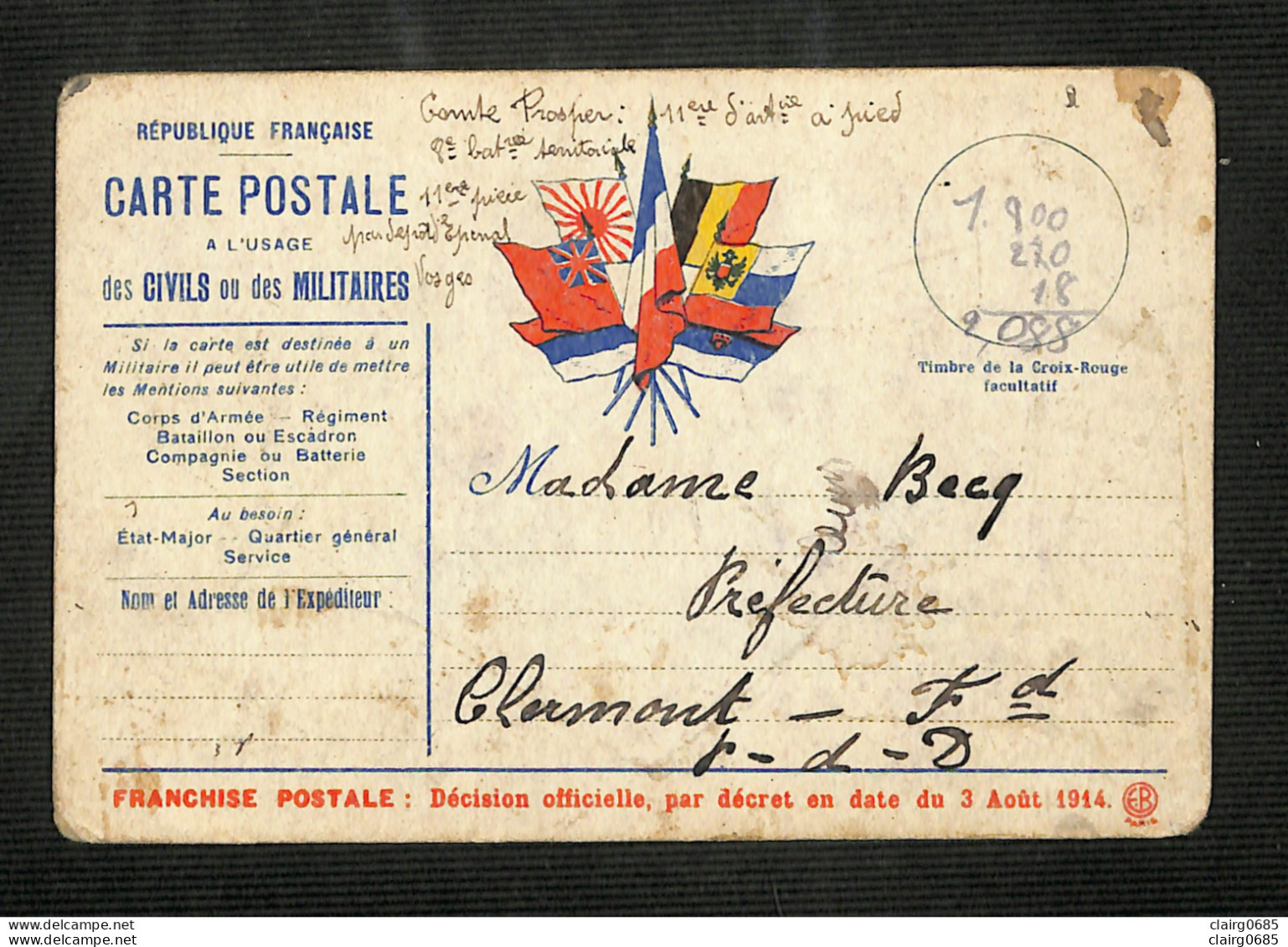 MILITARIA - Carte Postale Drapeaux à L'usage Des Civils Ou Des Militaires - Franchise Postale - 1914  - Documentos