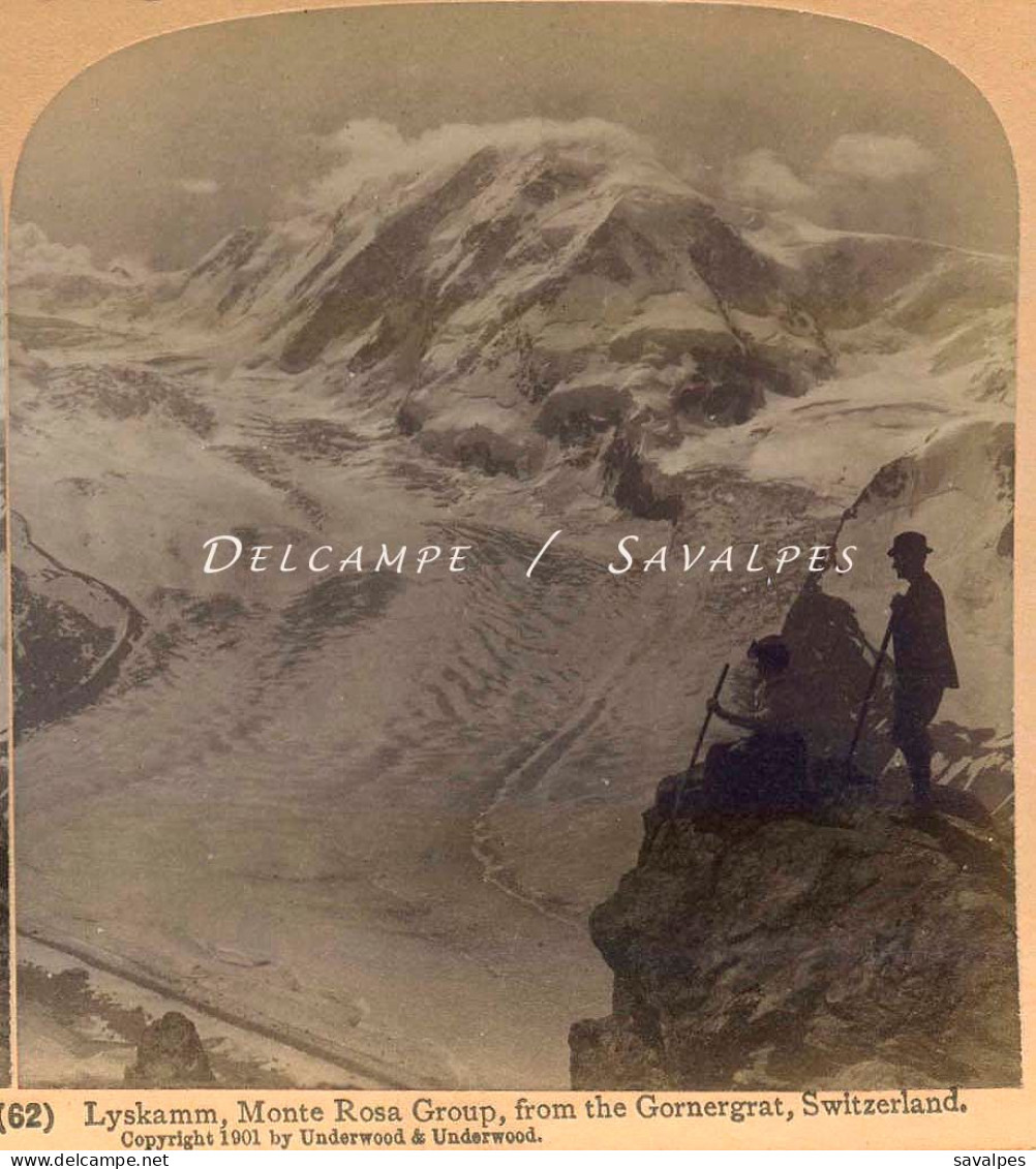 Suisse Valais Zermatt * Le Lyskamm Vu Du Gornergrat, Mont-Rose, Glacier - Photo Stéréoscopique 1901 - Stereo-Photographie