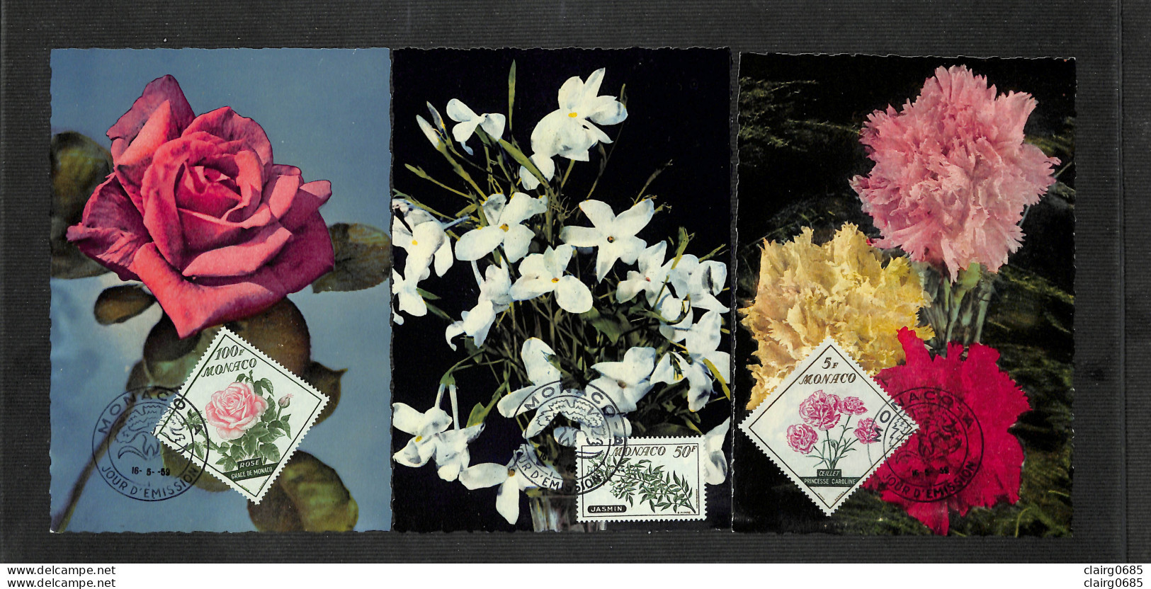 MONACO - 3 Cartes MAXIMUM 1959 - FLEURS - Une Rose - Jasmin - Oeillets - Cartes-Maximum (CM)