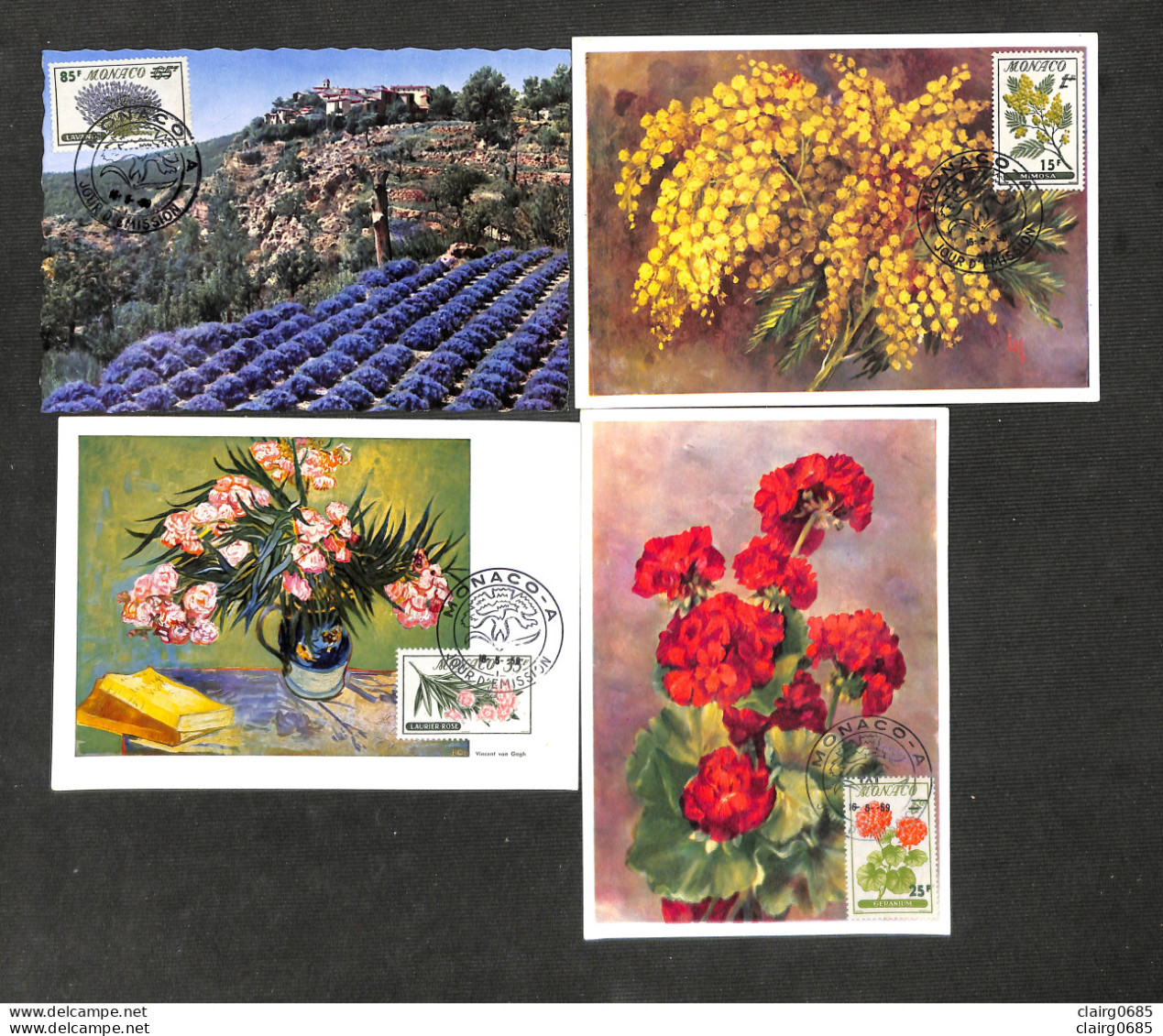MONACO - 4 Cartes MAXIMUM 1959 - FLEURS - Culture De La Lavande - Mimosa - Lauriers Roses - Géranium - Cartes-Maximum (CM)