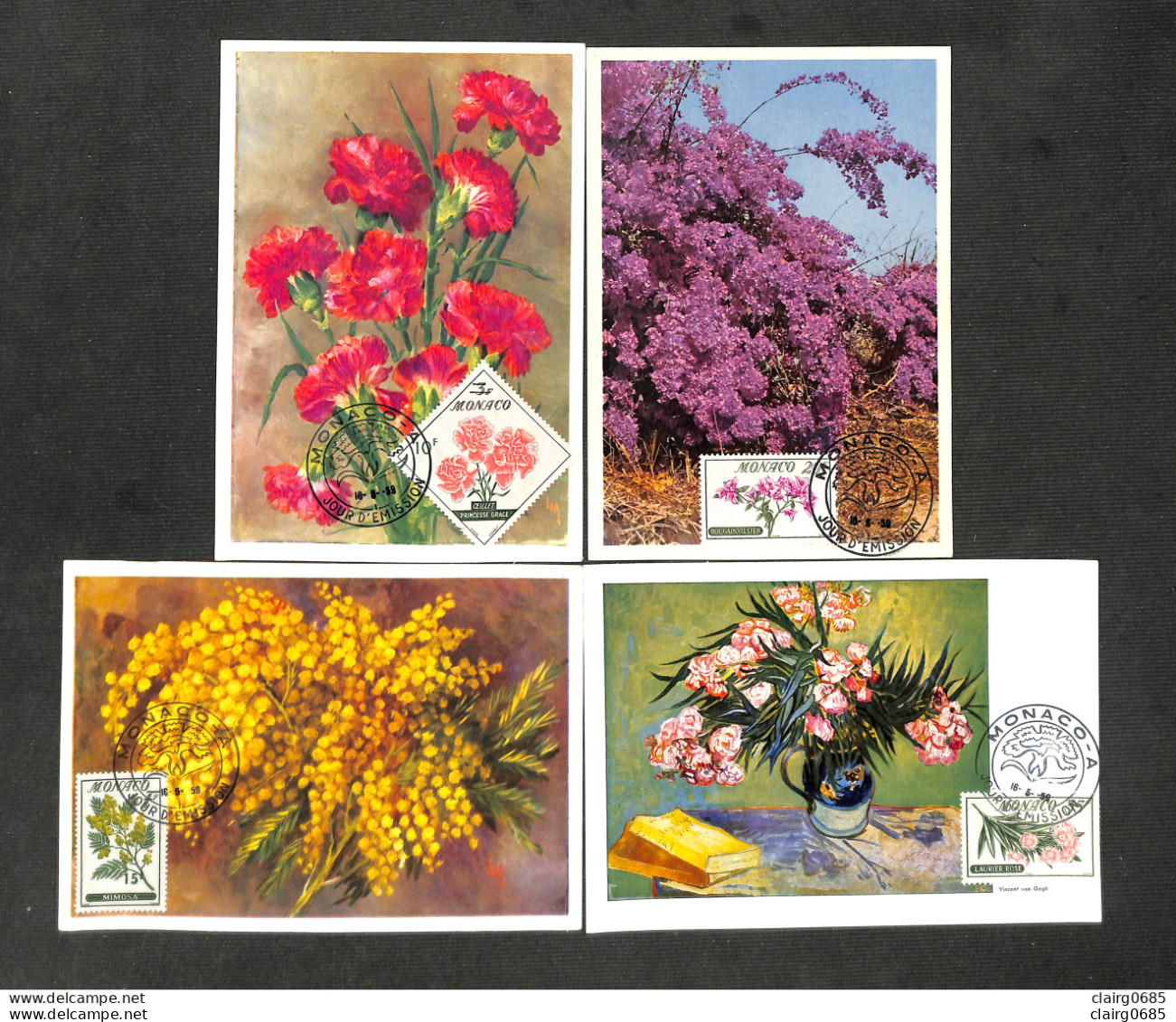 MONACO - 4 Cartes MAXIMUM 1959 - FLEURS - œillet - Bougainvillée Violet - Mimosa - Lauriers Roses - Maximumkaarten