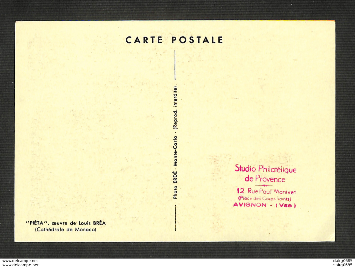 MONACO - Carte MAXIMUM 1955 - "PIÉTA" Oeuvre De Louis BRÉA - Cartoline Maximum