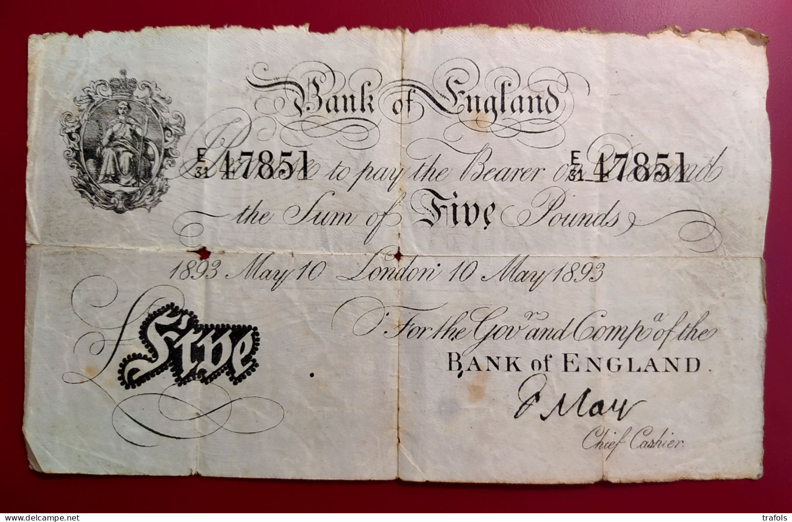 England Great Britain - Angleterre - 5 £ Pounds 10 May 1893 P.286 RRRR - Old Counterfeit Of The Time With Stamp !!! - Vals En Specimen