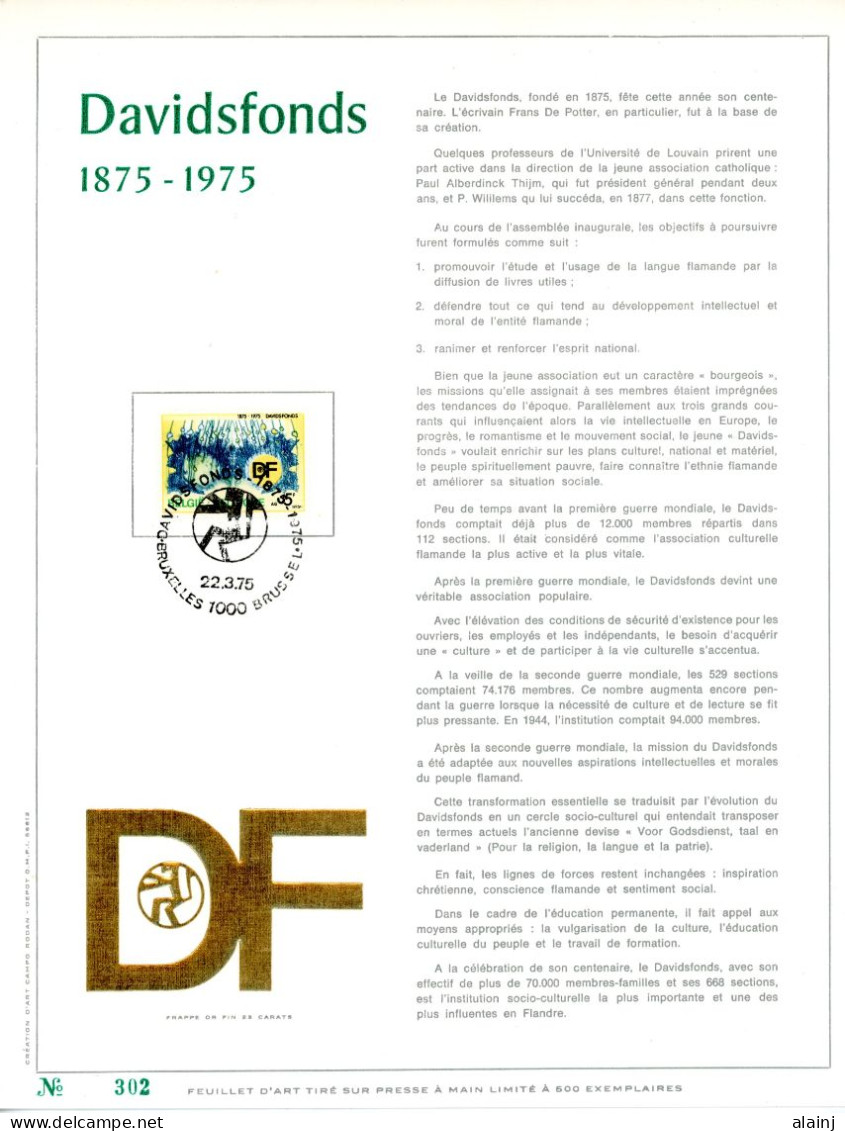 BE   1757   ---    Centenaire Davidsfonds  --  Feuillet D'art Rodan Frappé Or Fin   --  Tirage Limité  - 1971-1980