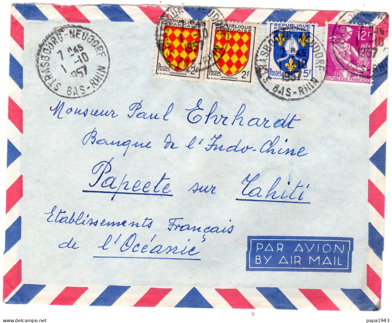 1957  CAD STRASBOURG NEUDORF Timbres Blasons  2 X  Angoumois 2f + Saintonge 5f + Moissonneuse 12f - Briefe U. Dokumente