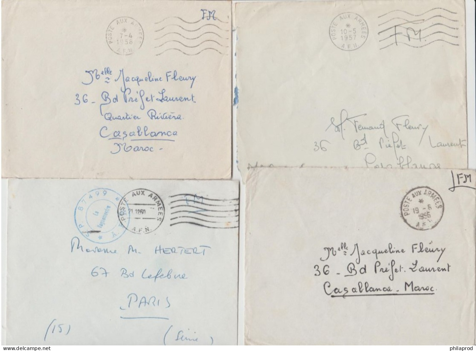 Lot  4 MILITARY COVERS POSTE AUX ARMEES  A.F.N. 1956+1957+1958+1960 To MAROC & PARIS   Réf FM LX - Vietnam