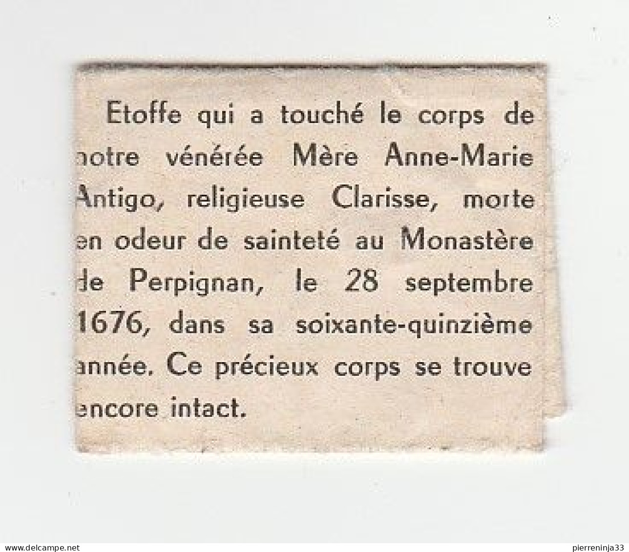 Relique Perpignan Etoffe Mère Anne Marie Antigo/ Couvent Sainte Claire De La Passion - Religion & Esotérisme