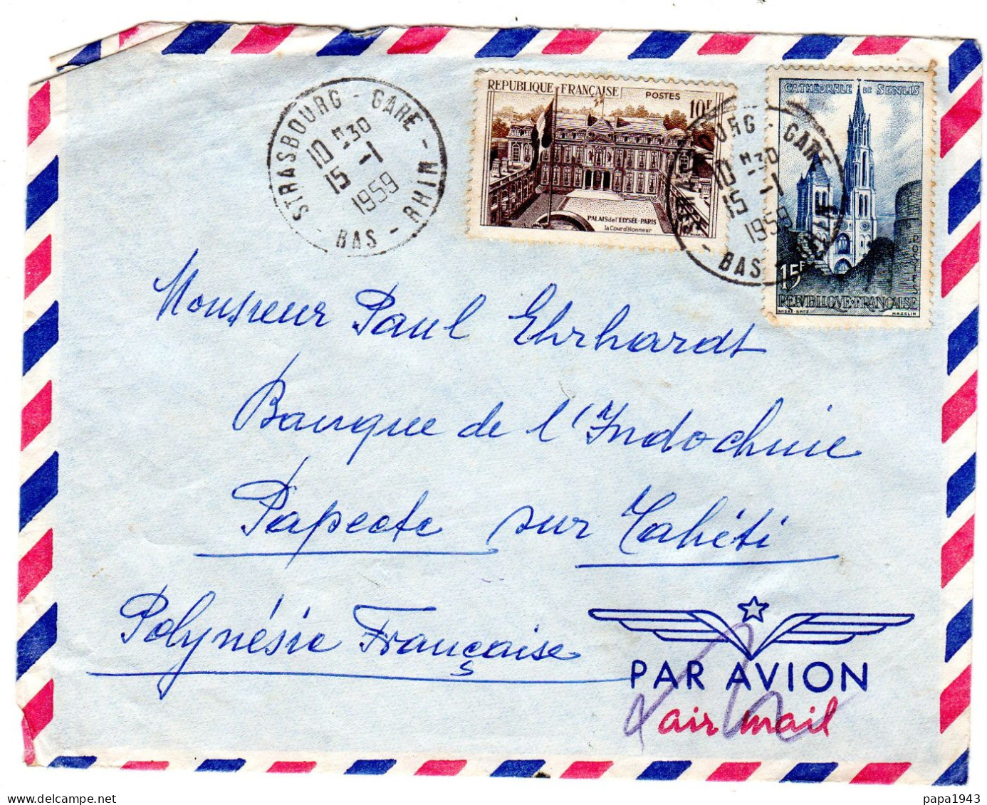 1959  Lettre T P  " Palais De L' Elysée 10f + Cathedrale De Rouen 15f - Covers & Documents