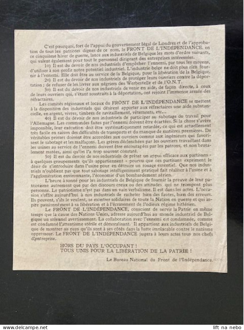 Tract Presse Clandestine Résistance Belge WWII WW2 'Appel Aux Industriels' Printed On Both Sides - Documentos