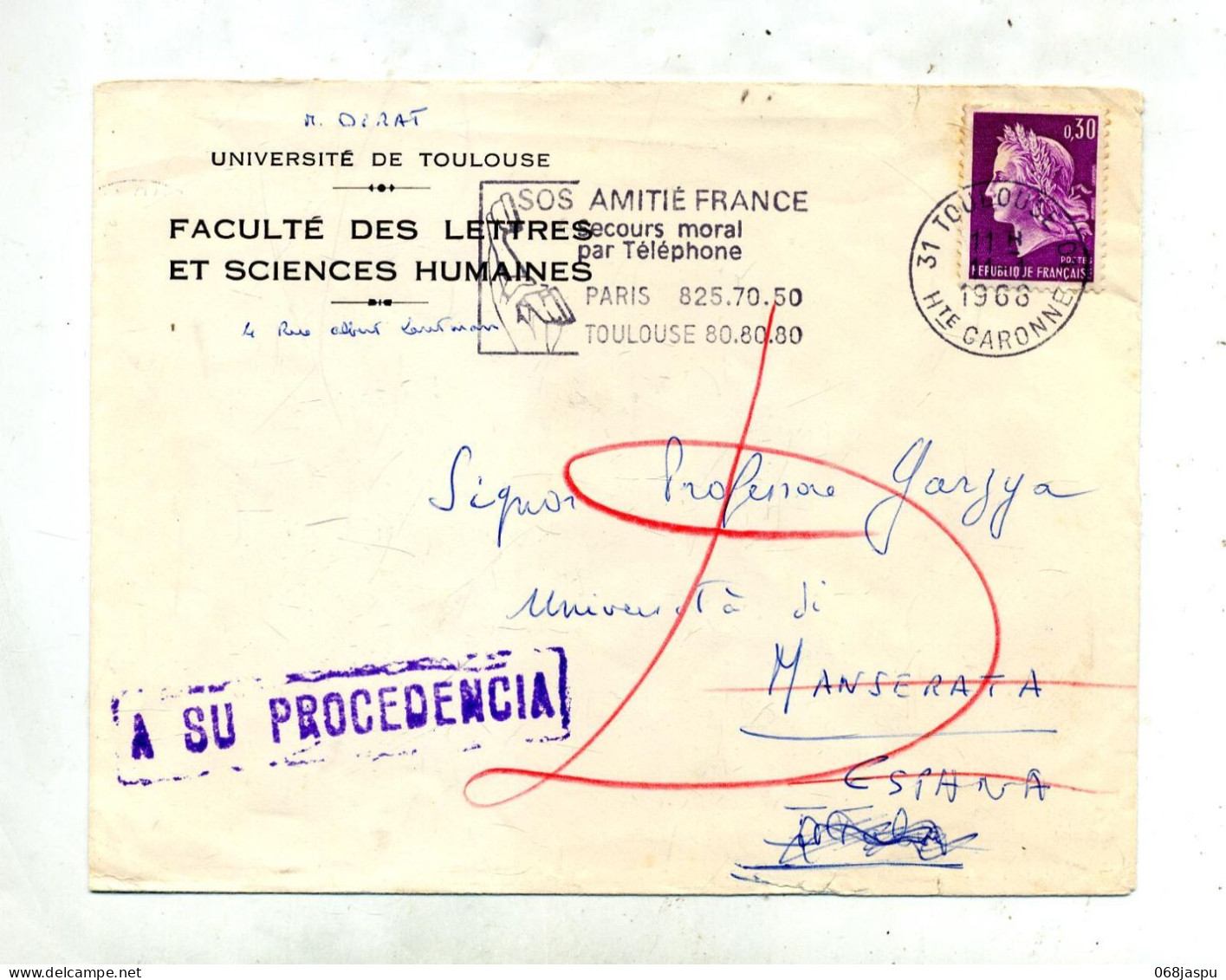 Lettre Flamme Toulouse Sos Amitié  Retour Cachet Barcelone - Maschinenstempel (Werbestempel)