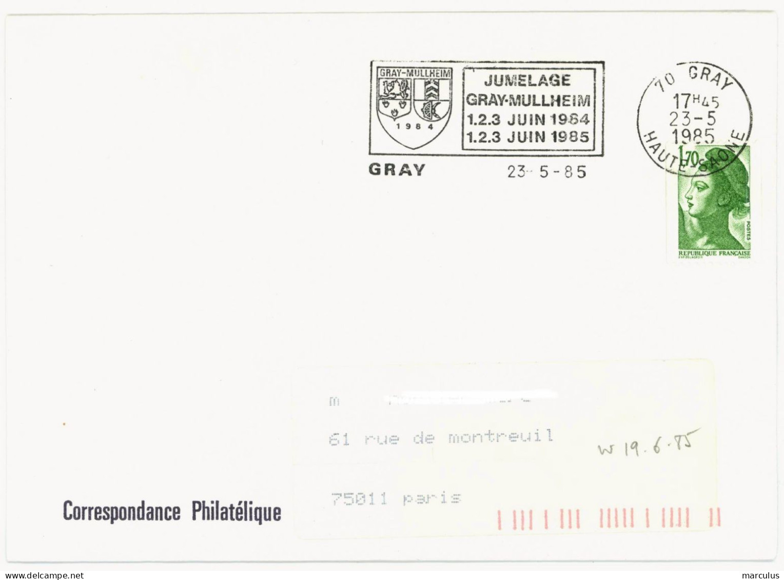 70 GRAY HAUTE SAONE 1985 : JUMELAGE MULLHEIM - Mechanical Postmarks (Advertisement)