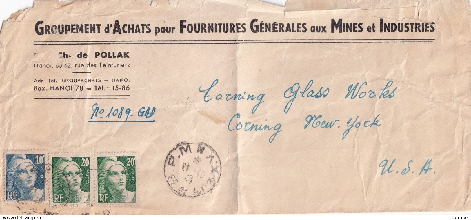 LETTRE. INDOCHINE. 21 10 46. GANDON 50Fr. BPM. A. 403. (évacuation Du Tonkin Le 6 10) RECOM PROVISOIRE HANOI. POUR USA - Lettres & Documents