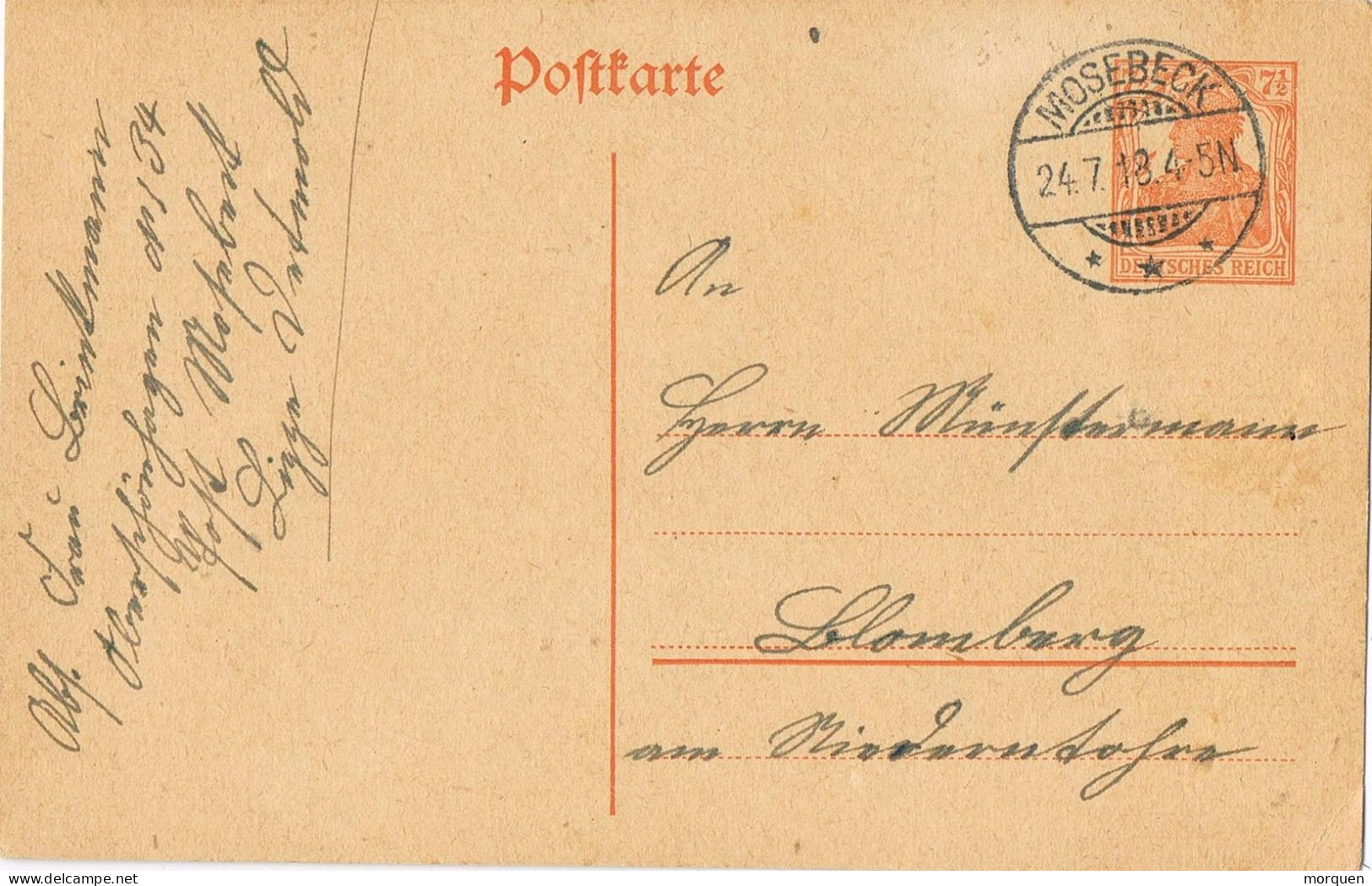 54945. Entero Postal MOSEBECK (Alemania Reich) 1918 To Llomburg - Cartoline