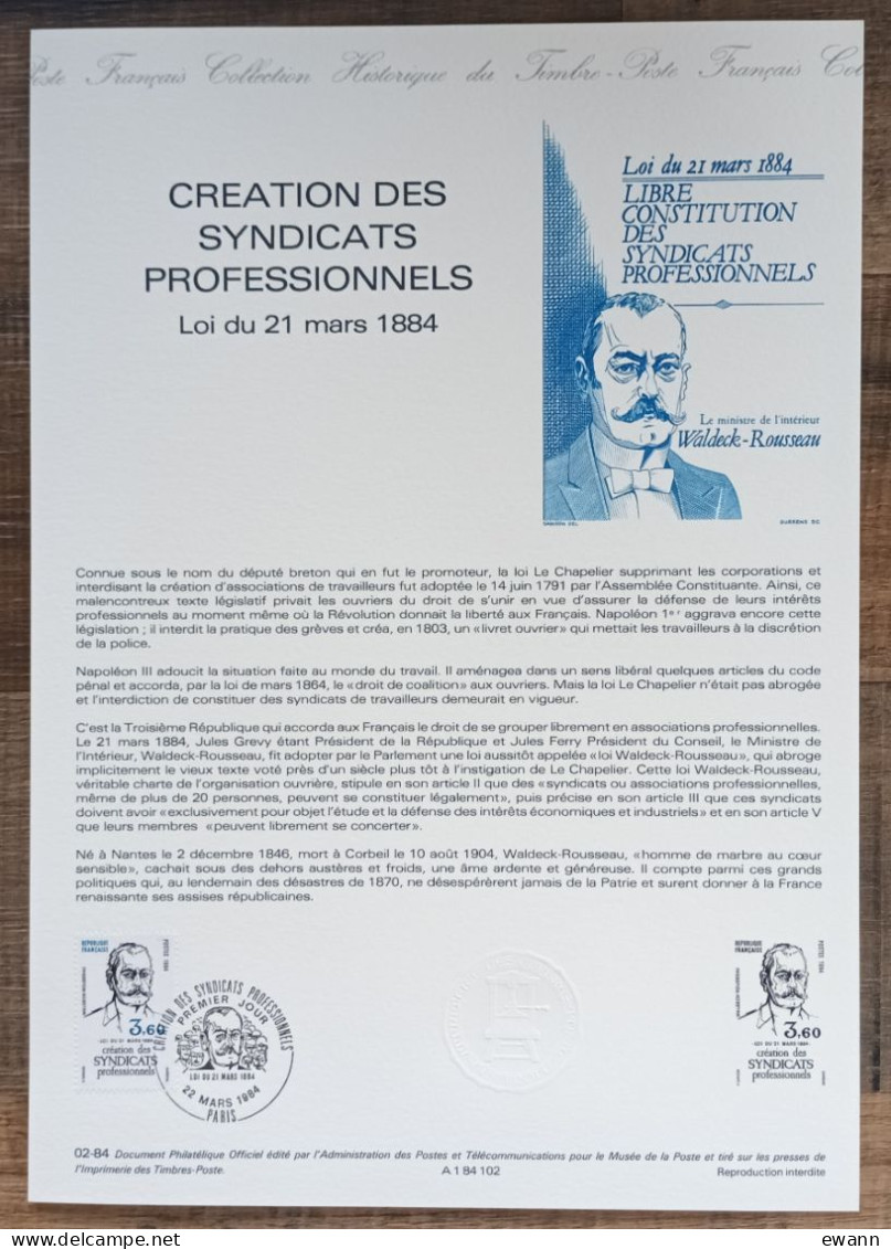COLLECTION HISTORIQUE - YT N°2305 - CREATION DES SYNDICATS PROFESSIONNELS - 1984 - 1980-1989