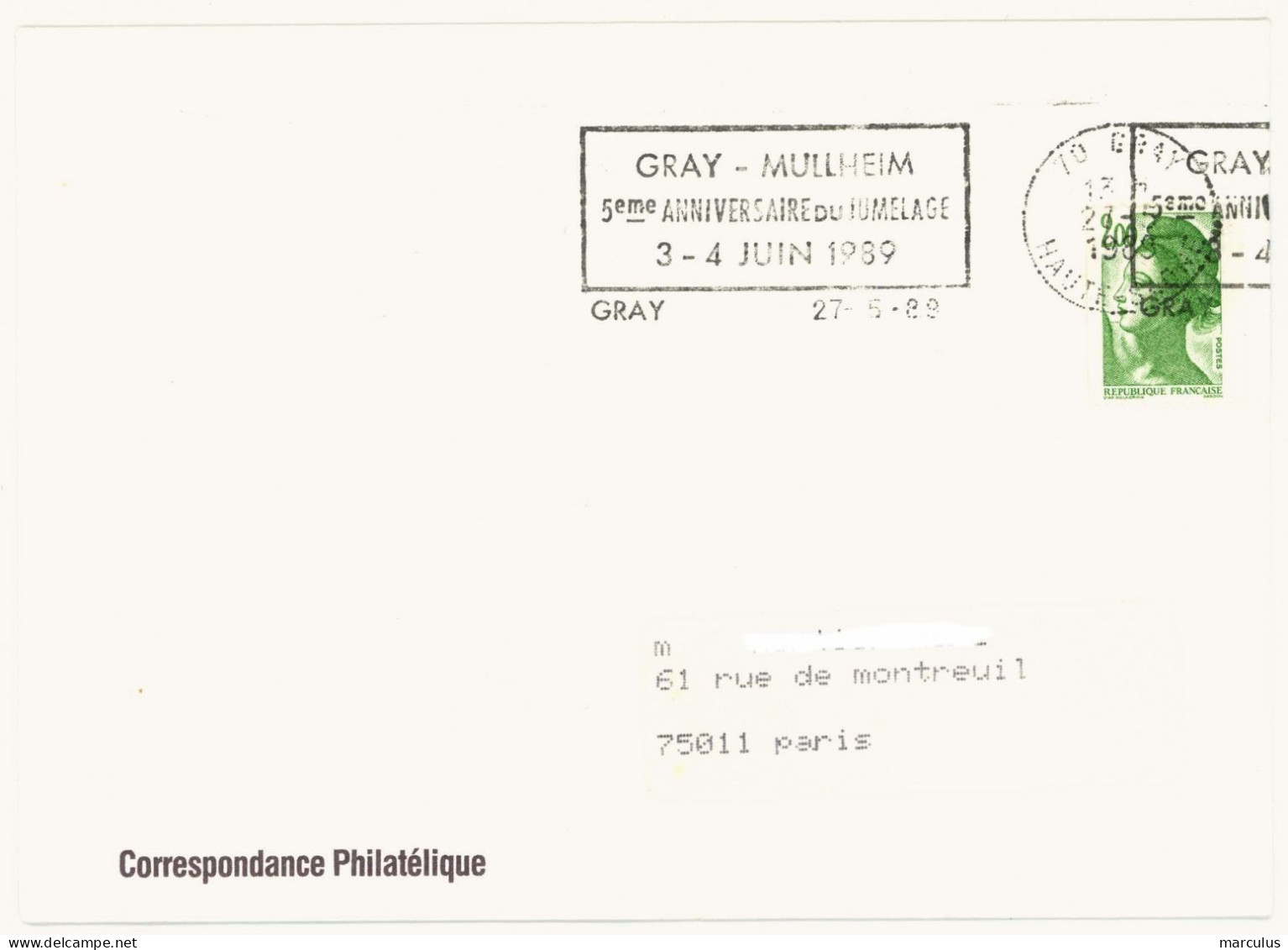 70 GRAY HAUTE SAONE 1989 : JUMELAGE MULLHEIM - Mechanical Postmarks (Advertisement)