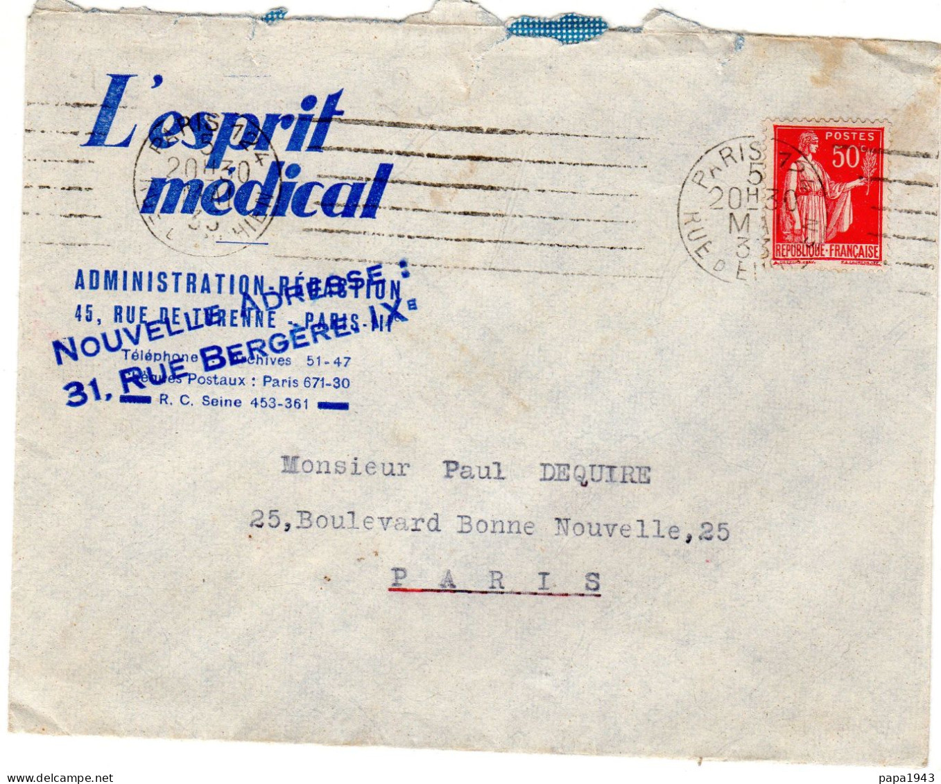 1933  "  L'ESPRIT MEDICAL "  CAD PARIS - Covers & Documents