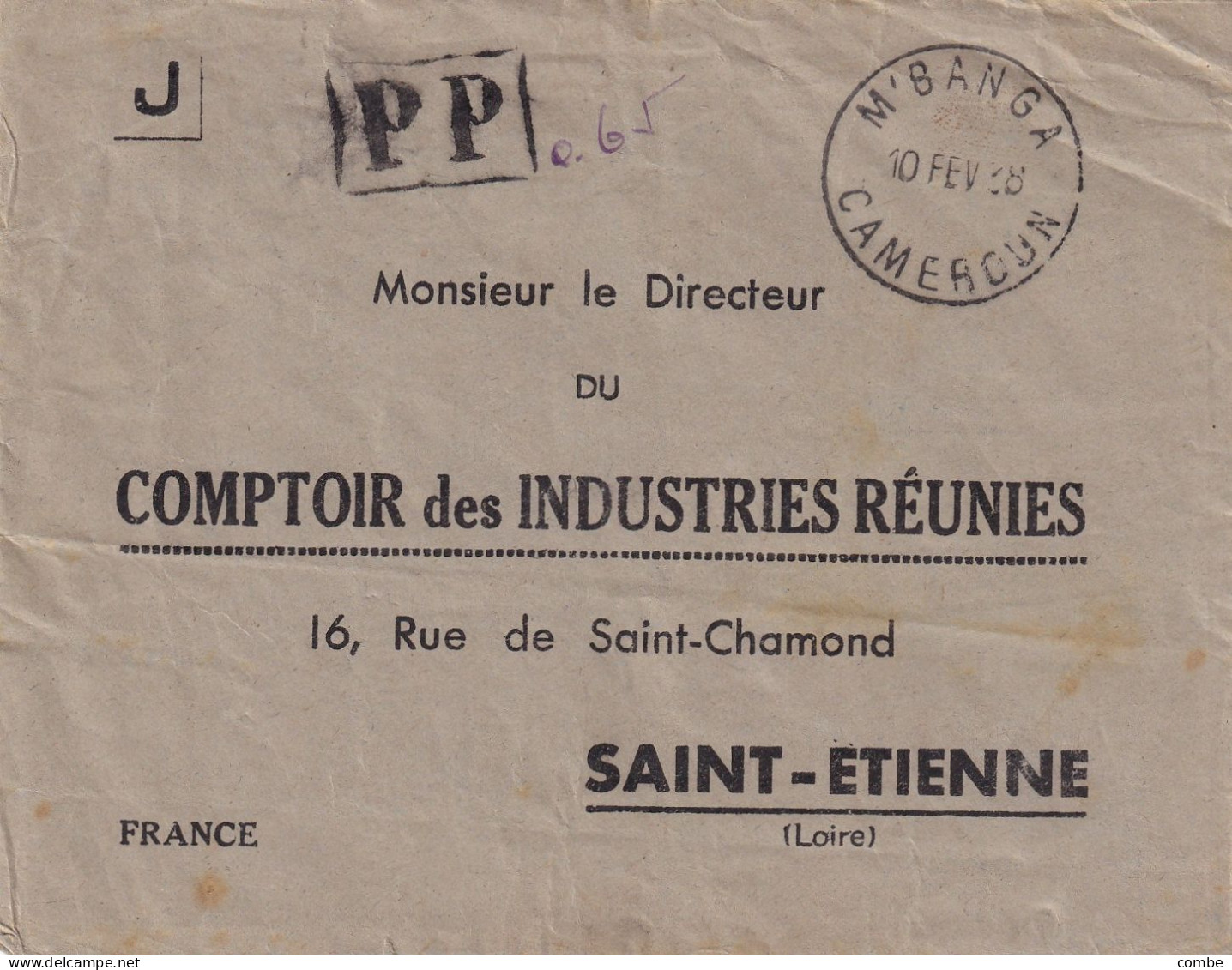 LETTRE. CAMEROUN. 10 FEVR 1938. P.P. M'BANGA POUR St ETIENNE FRANCE - Storia Postale