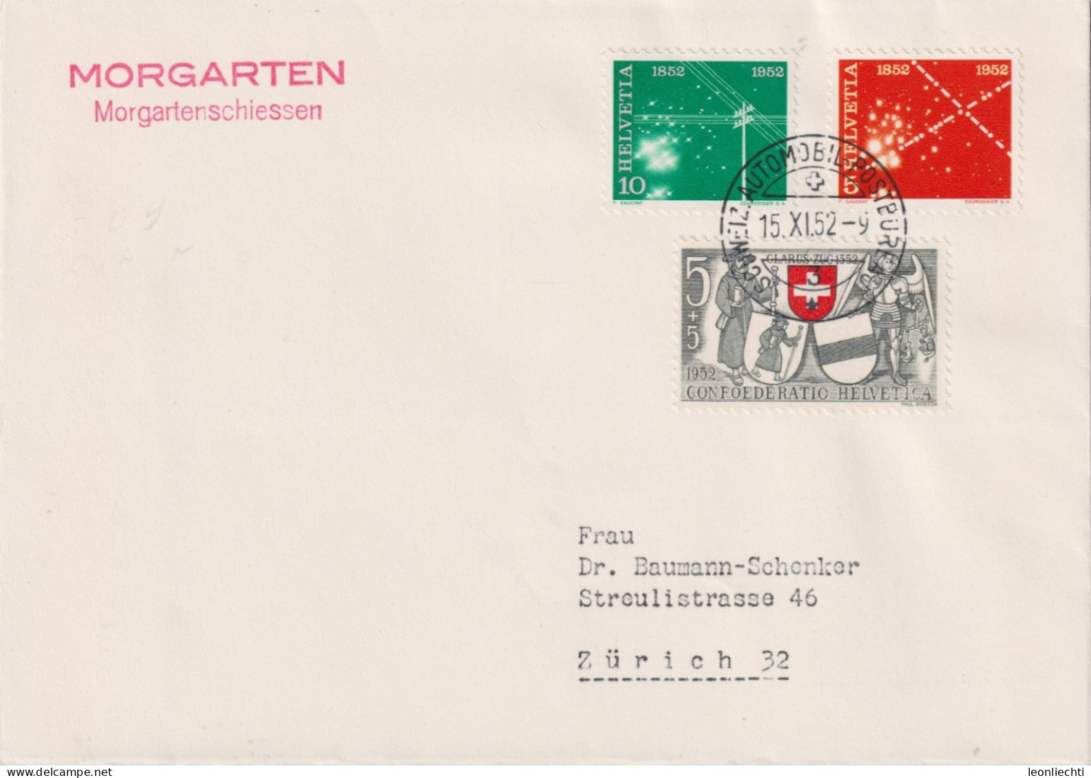 1952 Schweiz, Brief Zum:CH 309+310+B56, Mi:CH 566+567+571, MORGARTEN, Morgartenschiessen - Covers & Documents