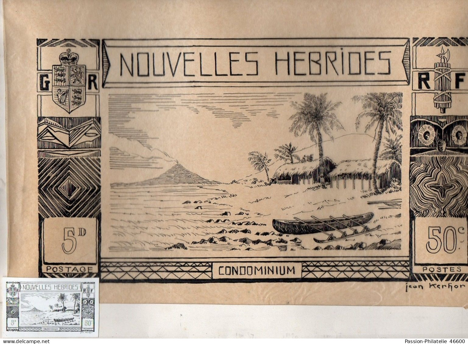 NOUVELLES HEBRIDES, MAQUETTE D'UN TIMBRE NON EMIS DESSINEE PAR JEAN KERHOR - Unused Stamps
