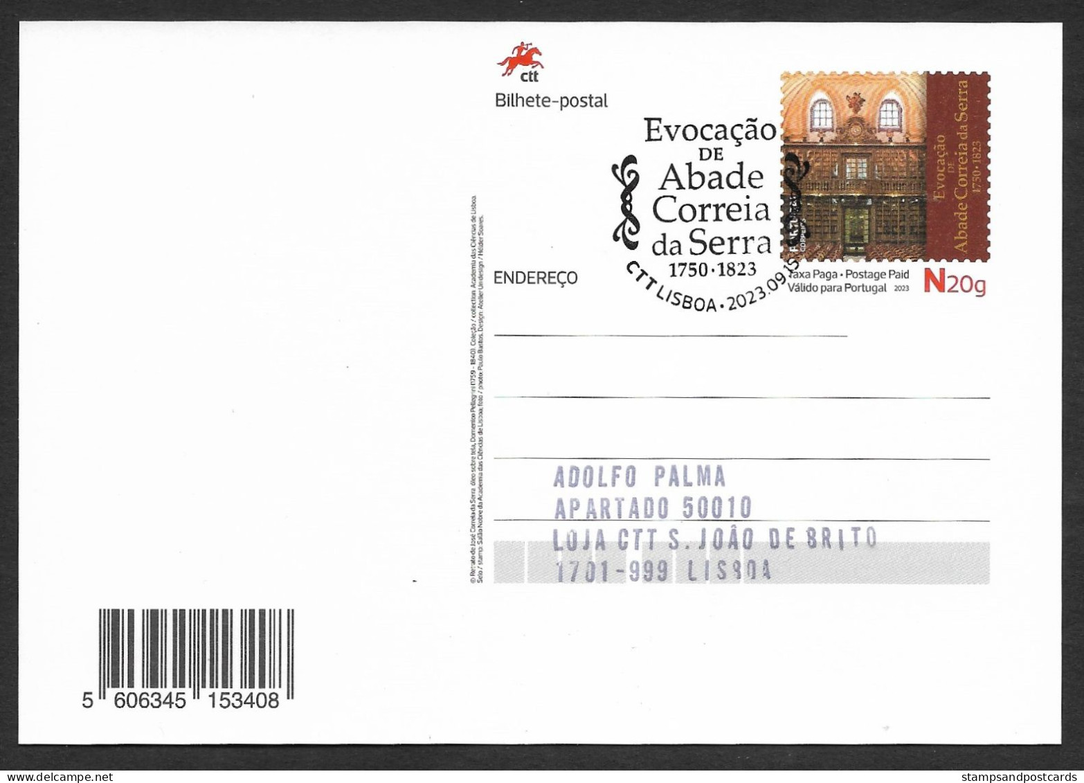 Portugal Entier Postal 2023 Abbé Correia Da Serra Botaniste Géologue Cachet Stationery Botanist Geologist Pmk - Enteros Postales