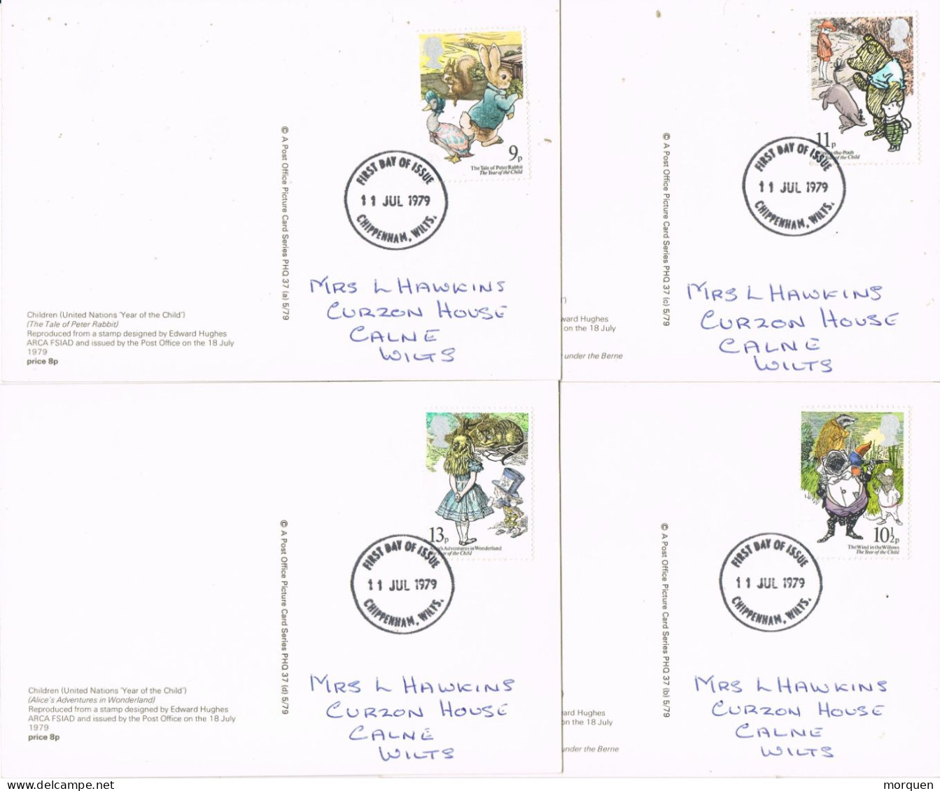 54946. Lote 4 Tarjetas CHIPPENHAM (Wilts) England 1979. Children Rabbit, Winnie The Pooh, Wonderland - Covers & Documents