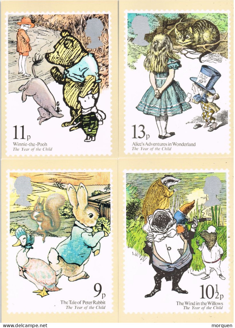 54946. Lote 4 Tarjetas CHIPPENHAM (Wilts) England 1979. Children Rabbit, Winnie The Pooh, Wonderland - Covers & Documents