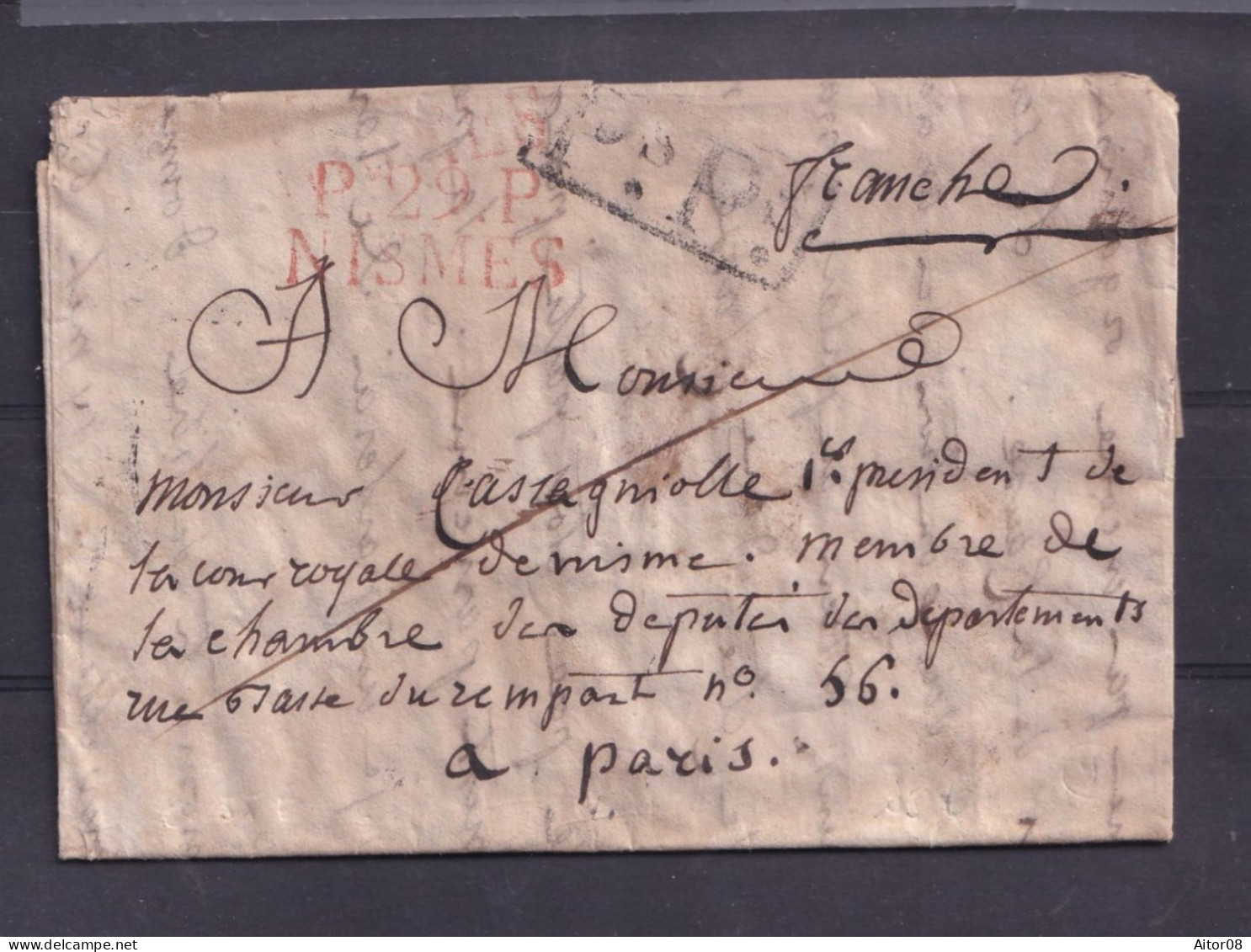 LAC DU 08/01/1819 .DE NIMES A PARIS.CURSIVE ROUGE ET PP EN NOIR.CACHET TRES INTERESSANTS AU DOS.  BEL ETAT - 1801-1848: Précurseurs XIX