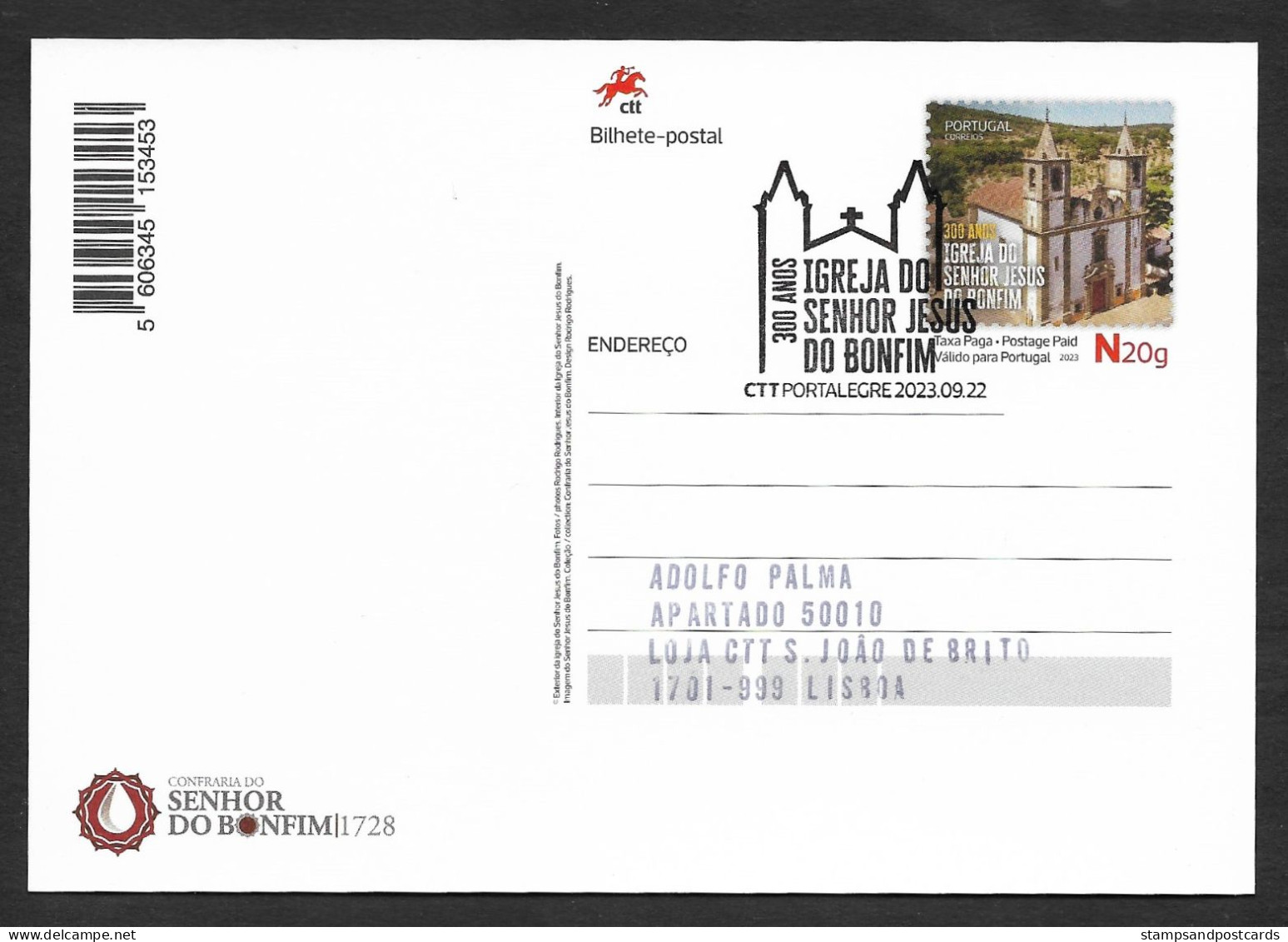 Portugal Entier Postal 2023 Eglise Senhor Jesus Do Bonfim Cachet Portalegre Church Stationery Pmk - Ganzsachen