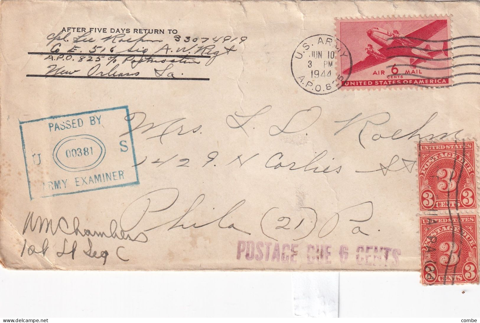 COVER US. 3 JUN 1944. APO 825. ALBROOK FIELD. CANAL ZONE. TO PHILA. PASSED BY EXAMINER. POSTAGE DUE 6 CENTS - Covers & Documents