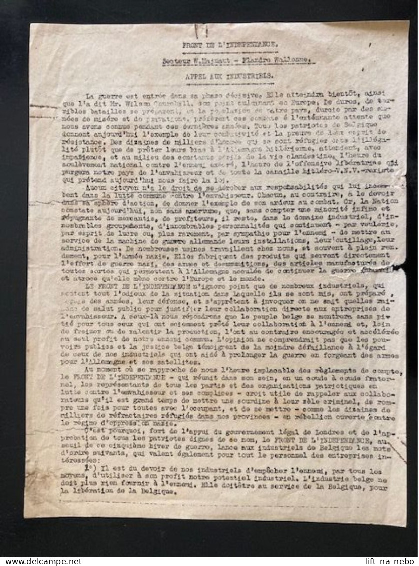 Tract Presse Clandestine Résistance Belge WWII WW2 'Front De L'Independance / Secteur W.Hainaut..' Printed On Both Sides - Dokumente