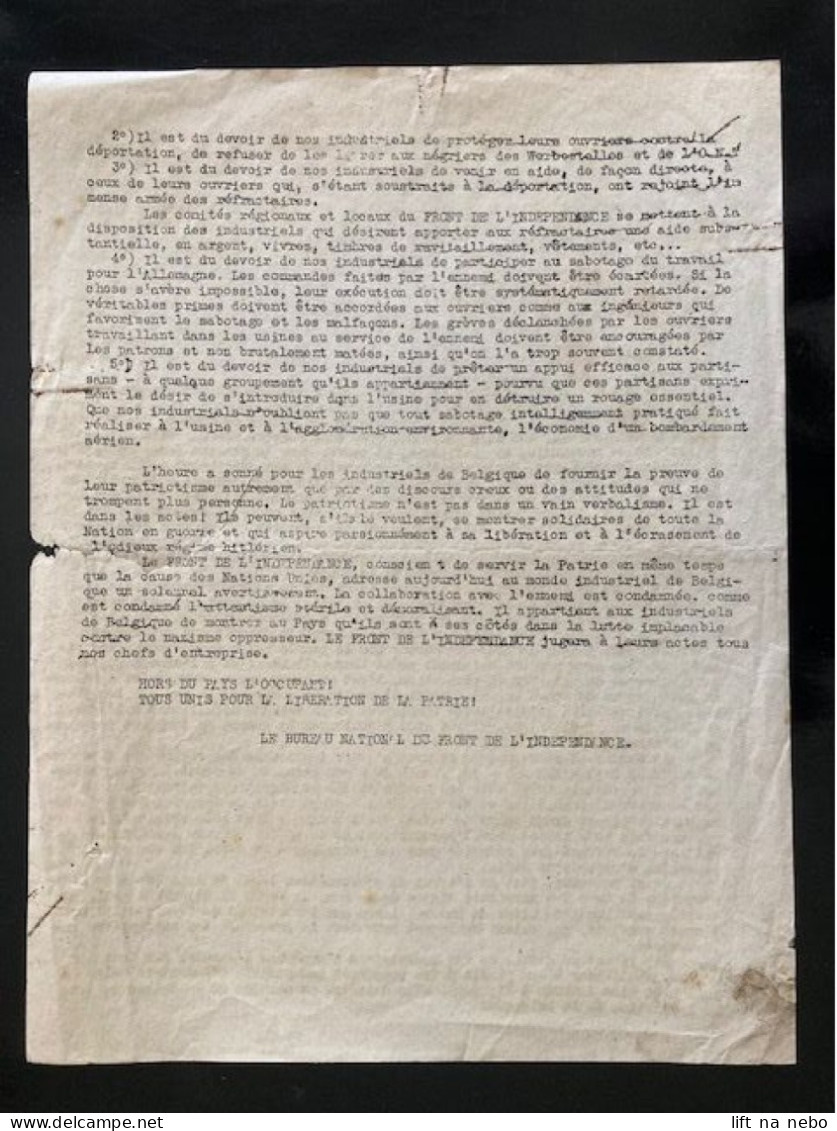 Tract Presse Clandestine Résistance Belge WWII WW2 'Front De L'Independance / Secteur W.Hainaut..' Printed On Both Sides - Documents