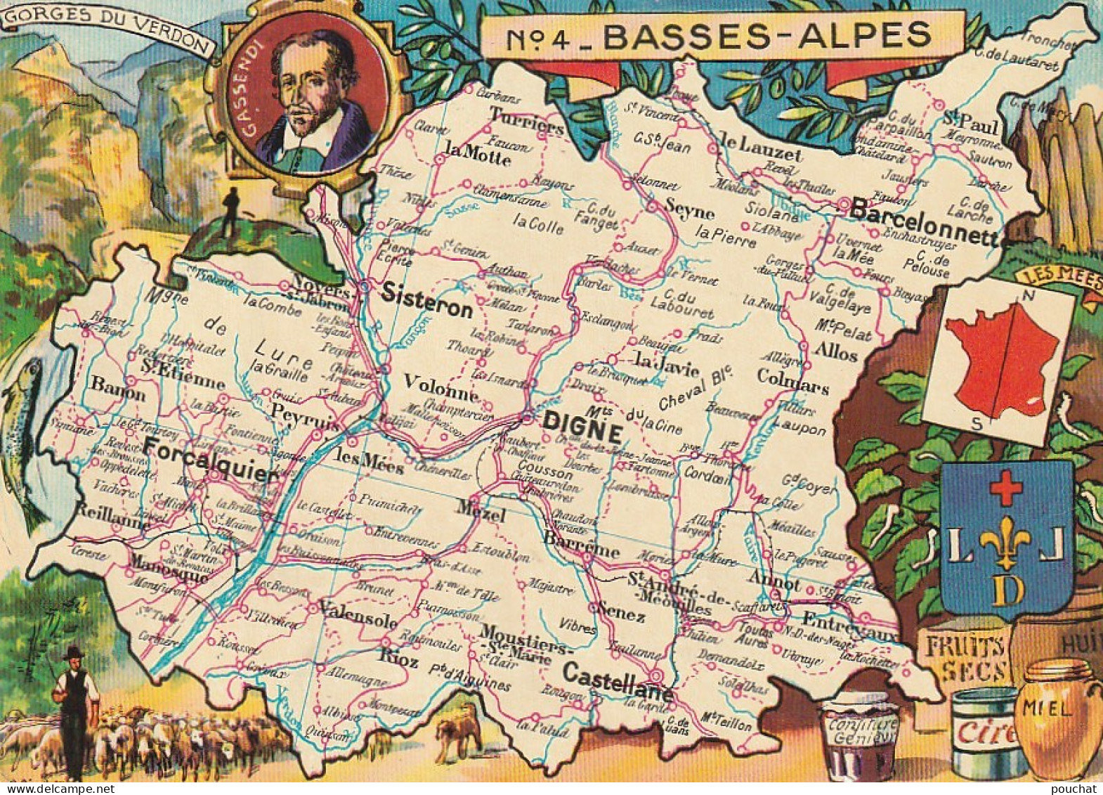 ZY 16-(04) DEPARTEMENT DES BASSES ALPES (N°4) - CONTOURS DU DEPARTEMENT , VILLES ET SPECIALITES - ILLUSTRATION - 2 SCANS - Otros & Sin Clasificación