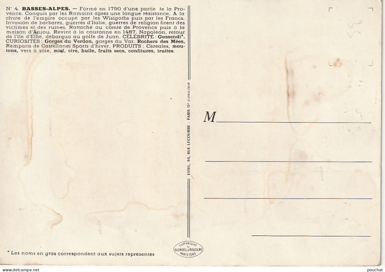 ZY 16-(04) DEPARTEMENT DES BASSES ALPES (N°4) - CONTOURS DU DEPARTEMENT , VILLES ET SPECIALITES - ILLUSTRATION - 2 SCANS - Otros & Sin Clasificación