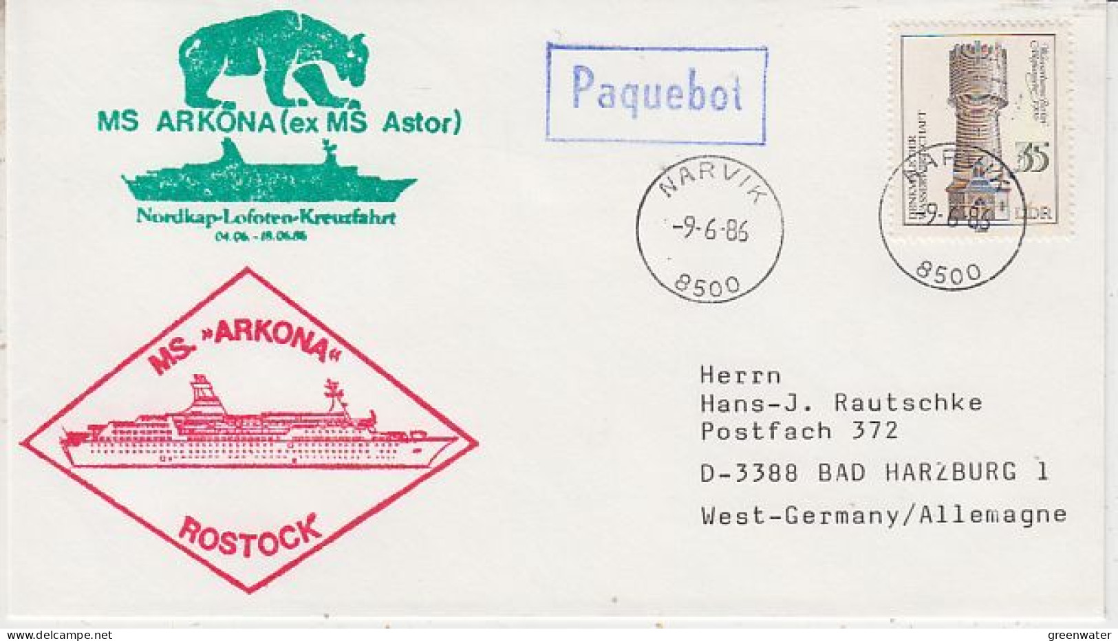 DDR MS Arkona "Nordkap-Lofoten-Kreuzfahrt  Ca Narvik 9.6.1986 (GS221) - Navi Polari E Rompighiaccio