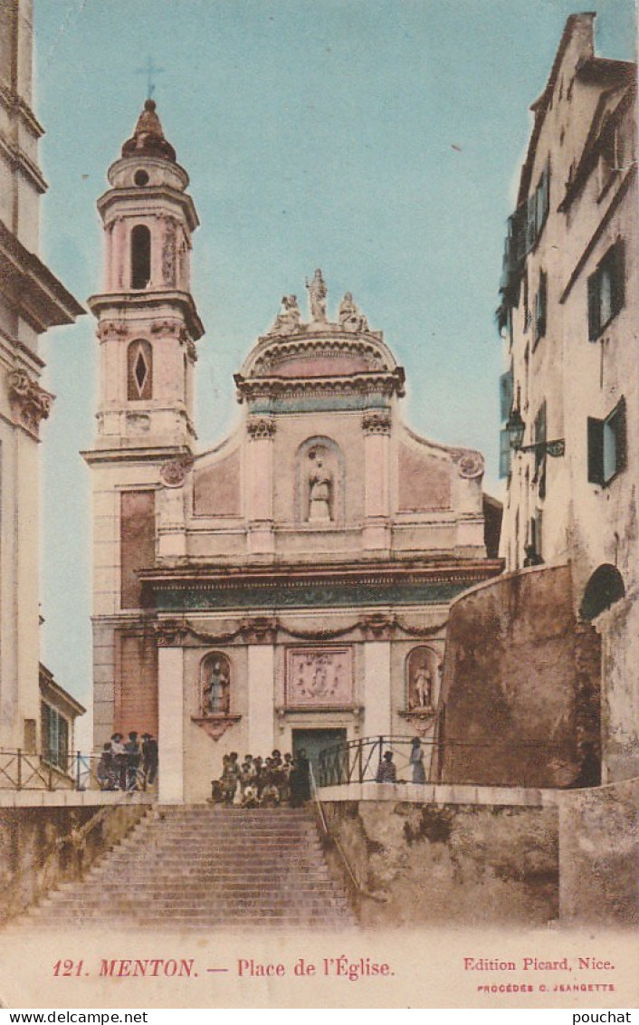 ZY 18-(06) MENTON - PLACE DE L' EGLISE - ANIMATION - CARTE COLORISEE - EDIT. PICARD , NICE - 2 SCANS - Menton