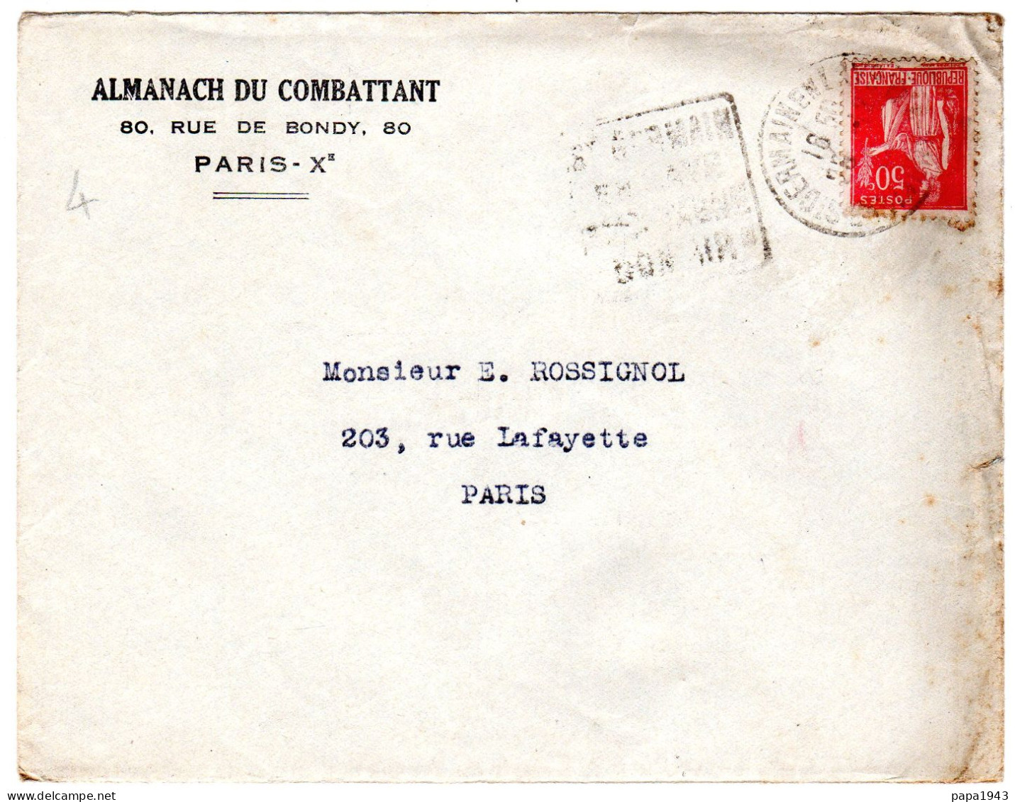 1932  "  ALMANACH DU COMBATTANT  Rue De Bondy " - Storia Postale