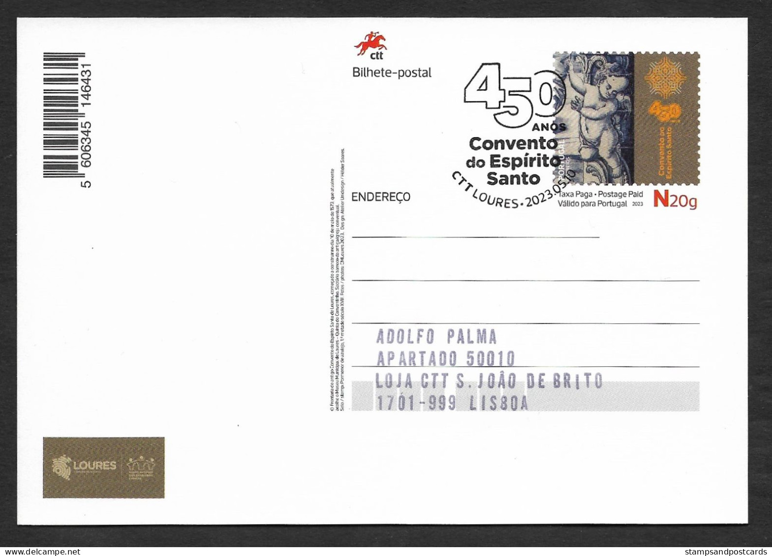 Portugal Entier Postal 2023 Couvent Du Saint-Esprit Cachet Loures Convent Of The Holy Spirit Stationery Pmk - Entiers Postaux