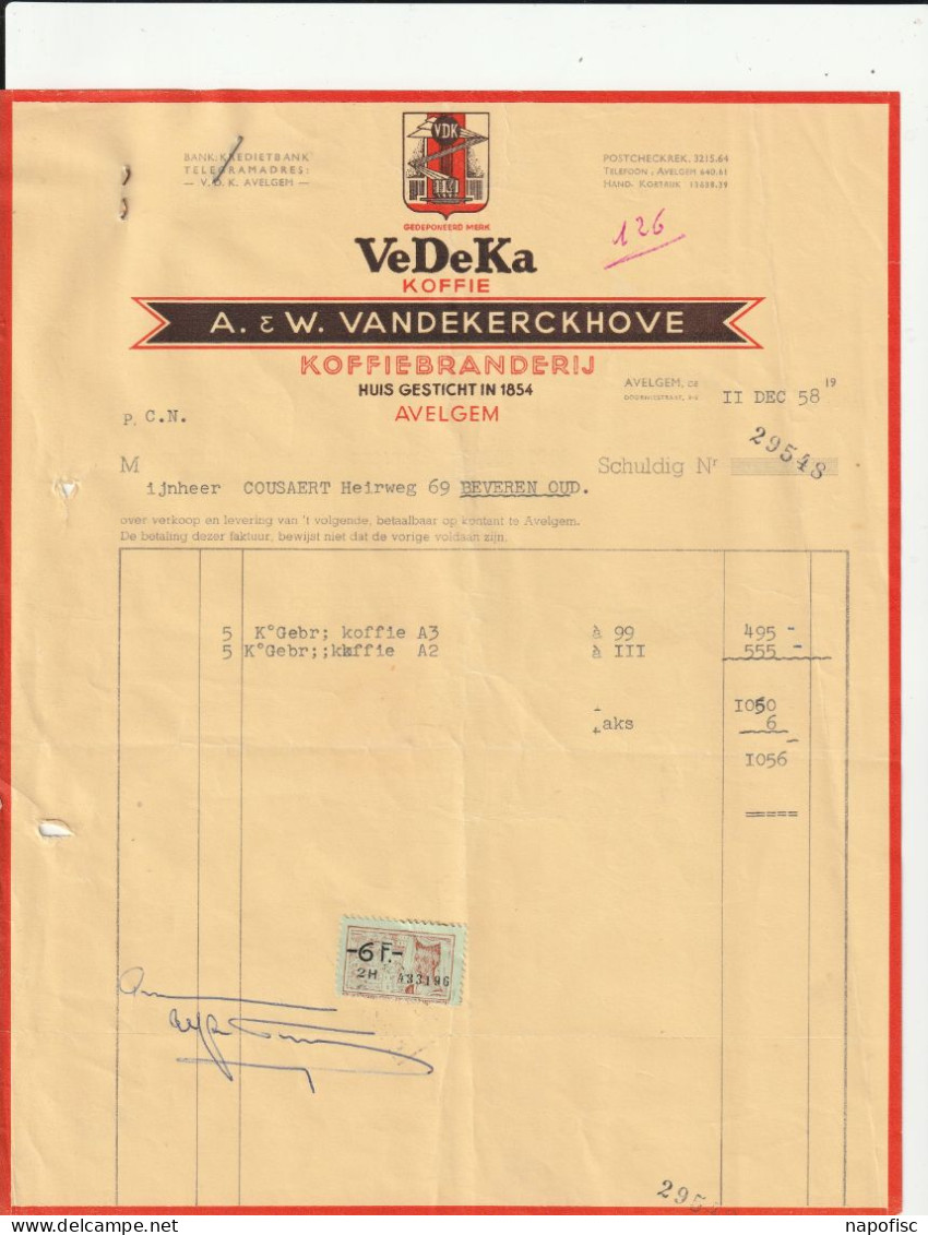 104-A. & W.Vandekerckhove ...Koffiebranderij...Koffie VeDeKa.....Avelgem....België-Belgique...1958 - Levensmiddelen