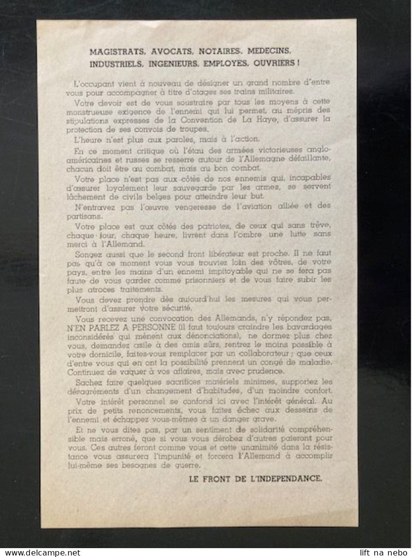 Tract Presse Clandestine Résistance Belge WWII WW2 'Magistrats,avocats,notaires,médecins...' - Documentos