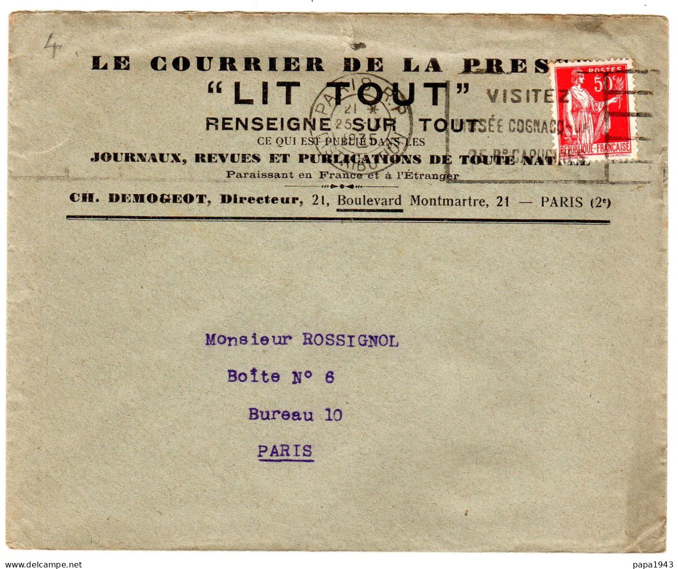 1935  CAD PARIS R P " LIT TOUT  Le Courrier De La Presse " - Cartas & Documentos